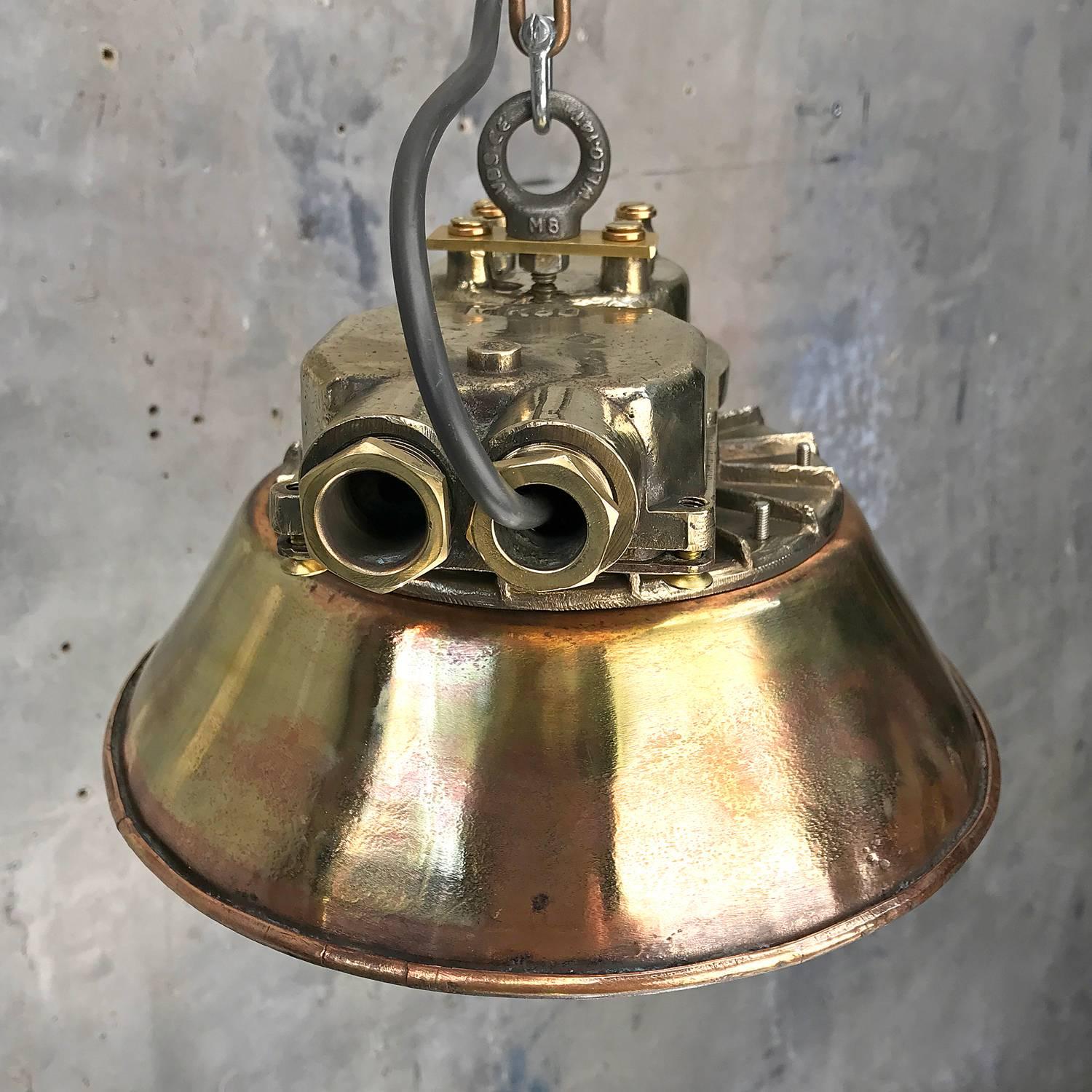 1950s Japanese Industrial Cast Brass Pendant Light Conical Shade & Acrylic Dome For Sale 4