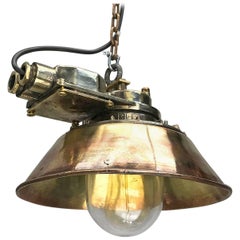 Vintage 1950s Japanese Industrial Cast Brass Pendant Light Conical Shade & Acrylic Dome