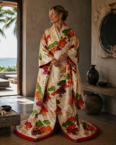 1950s Japanese Ivory Silk Uchikake Wedding Kimono with Gold Brocade Pine Motifs