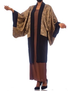 1950'S Japanese  Kimono With Reversible Lining Woven Birds