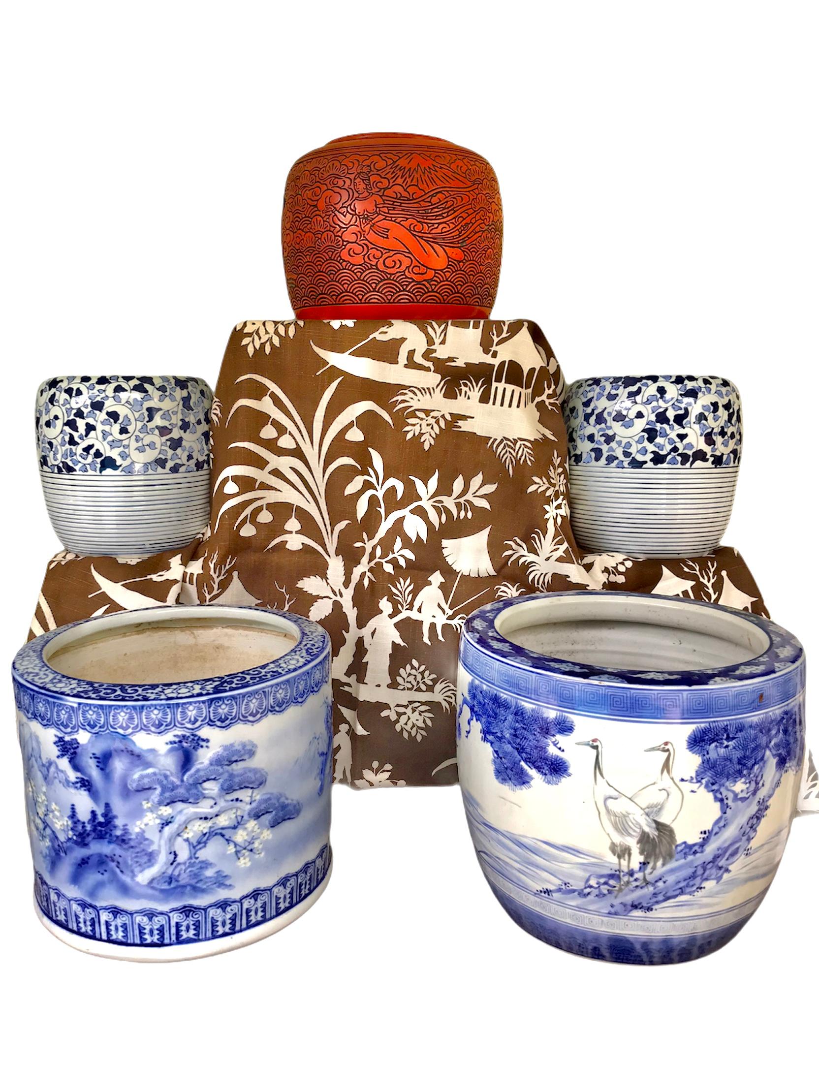 1950s Japanese Modern Blue/White Ceramic Hibachi w Cranes, Pine Trees, Mountains 4