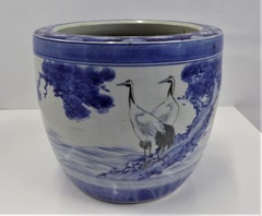 1950s Japanese Modern Blue/White Ceramic Hibachi w Cranes, Pine Trees, Mountains