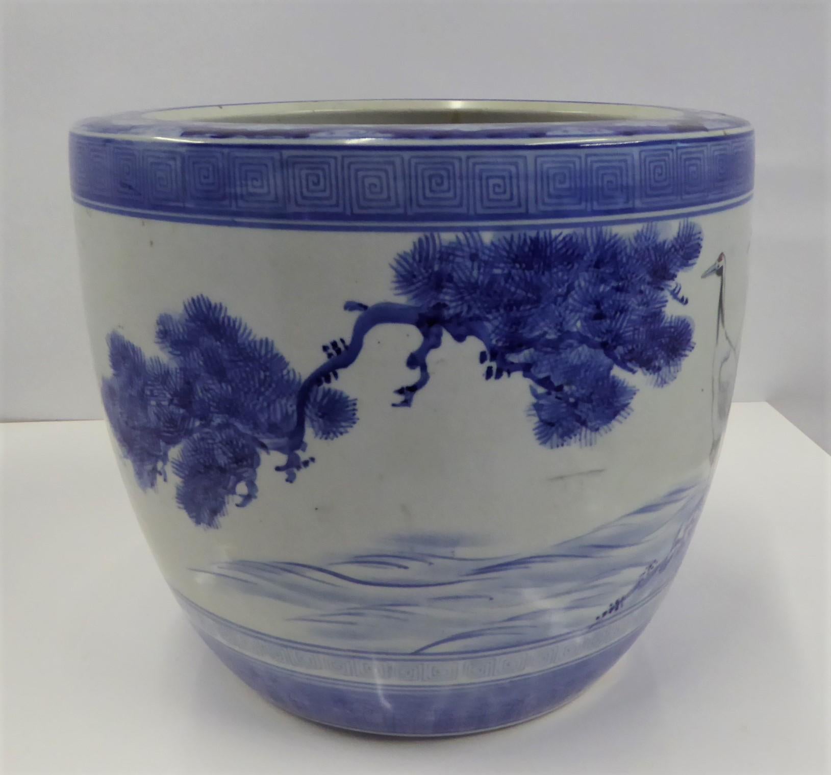 Japonisme 1950s Japanese Modern Blue/White Ceramic Hibachi w Cranes, Pine Trees, Mountains