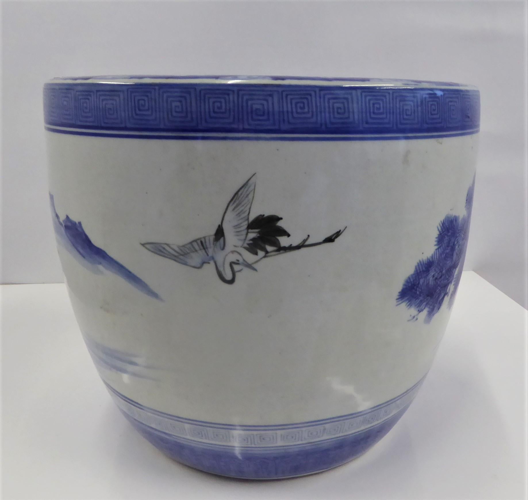 Glazed 1950s Japanese Modern Blue/White Ceramic Hibachi w Cranes, Pine Trees, Mountains