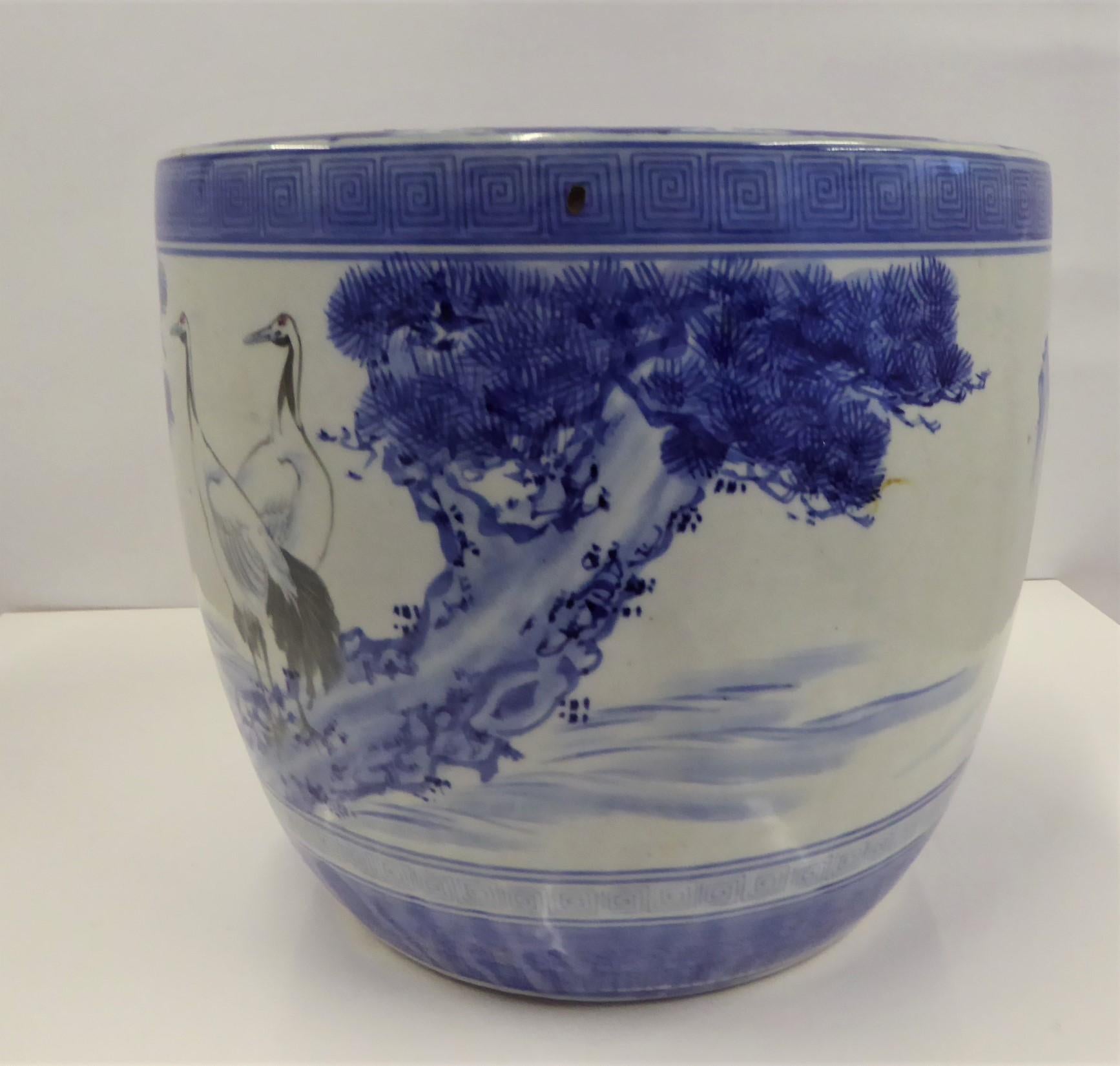 Mid-20th Century 1950s Japanese Modern Blue/White Ceramic Hibachi w Cranes, Pine Trees, Mountains