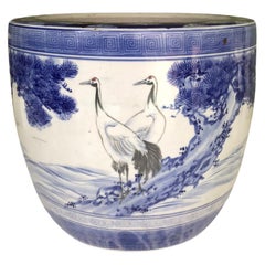 Vintage 1950s Japanese Modern Blue/White Ceramic Hibachi w Cranes, Pine Trees, Mountains