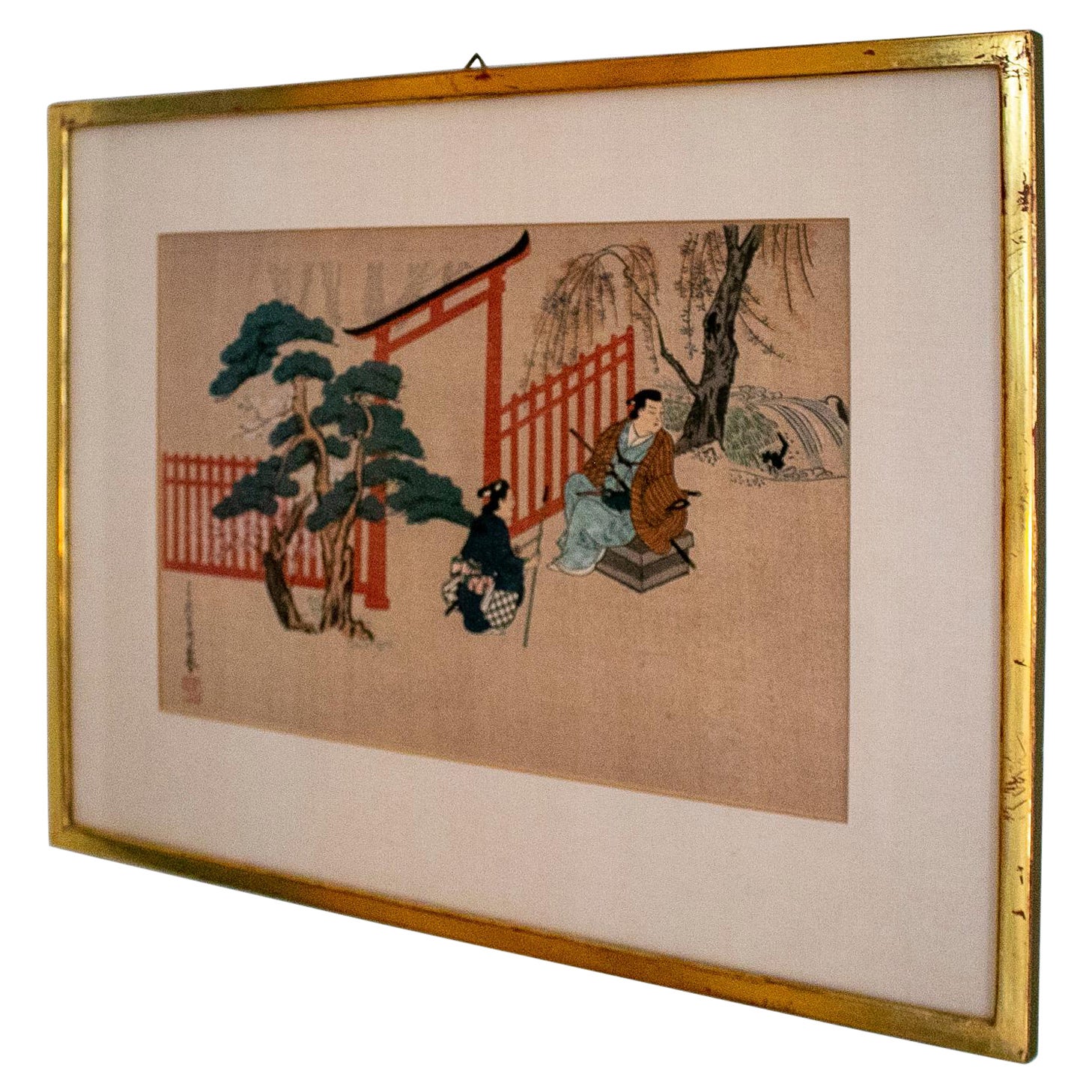 Dessin de personnes japonaises des années 1950 avec cadre en bois doré