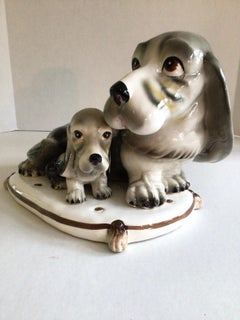 1950s Japanese Porcelain Hound Dog and Pup on Pillow