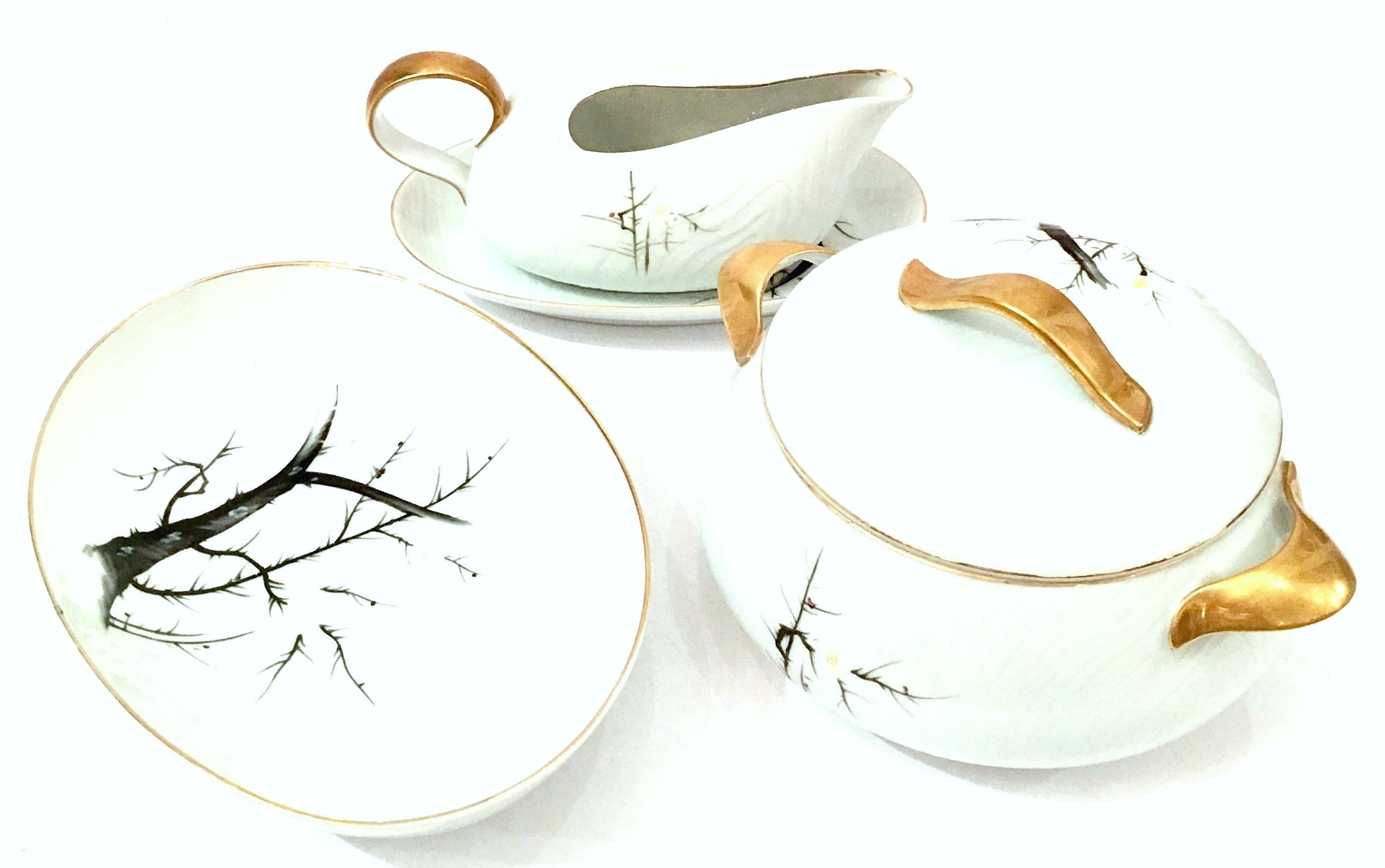 Mid-Century Modern Japanese hand painted embossed porcelain serving piece set of five pieces in 