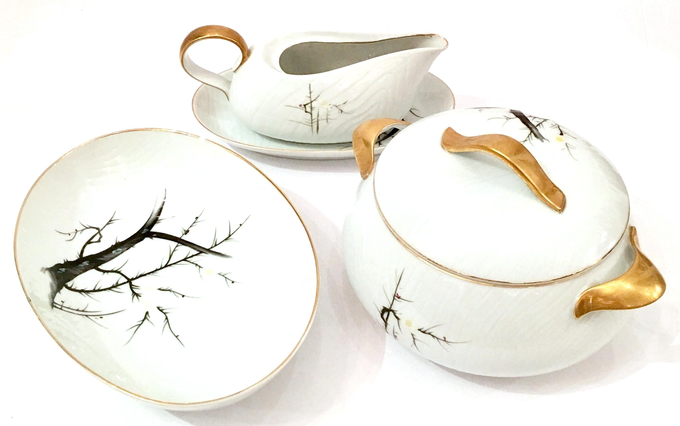 Mid-Century Modern Japanese hand painted embossed porcelain serving piece set of five pieces in 