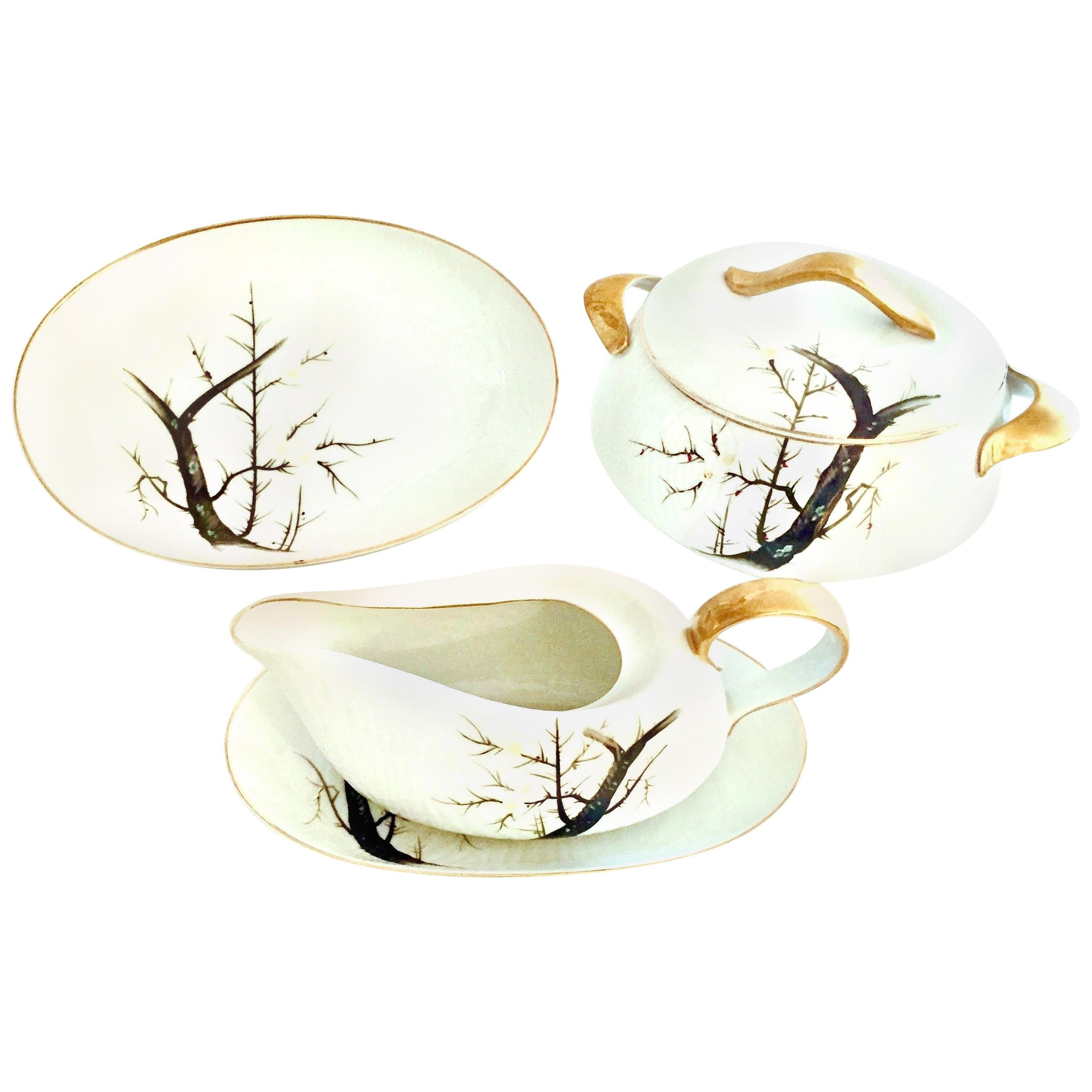 1950s Japanese Porcelain Serving Piece "White Plum" Set of 5 by, Gold China For Sale