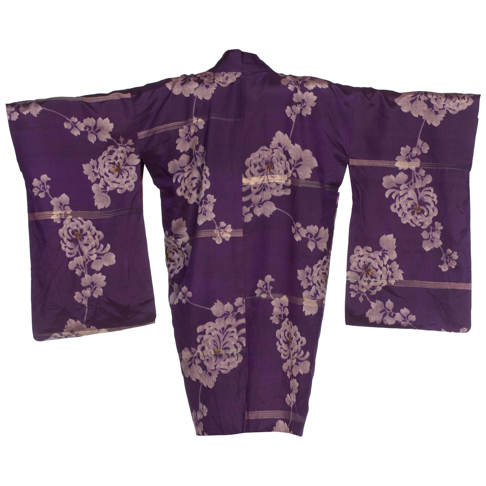 1950'S Japanese Purple Floral Silk  Kimono