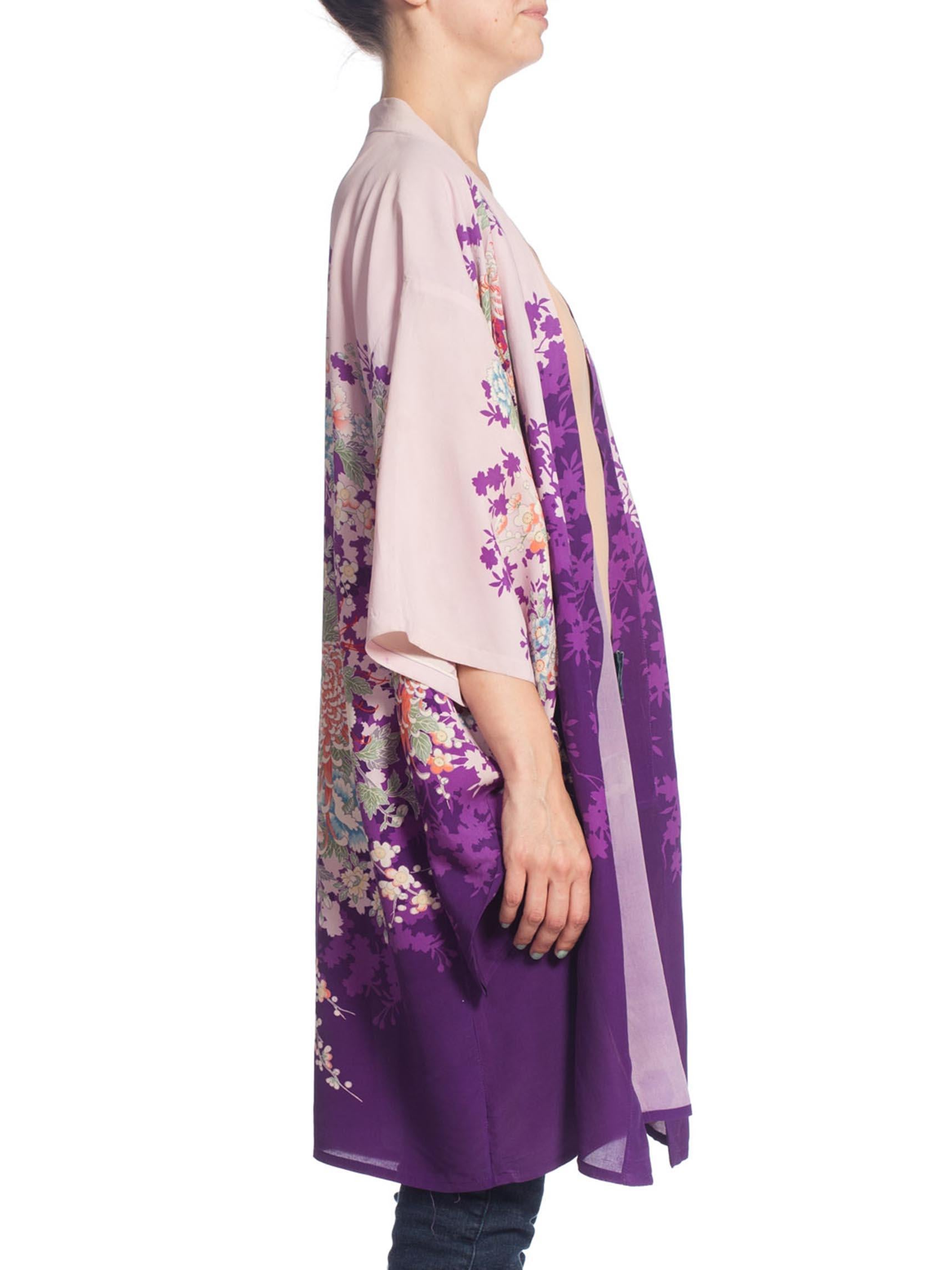 Women's 1950S Japanese Rayon Kimono In Purple With Flowers