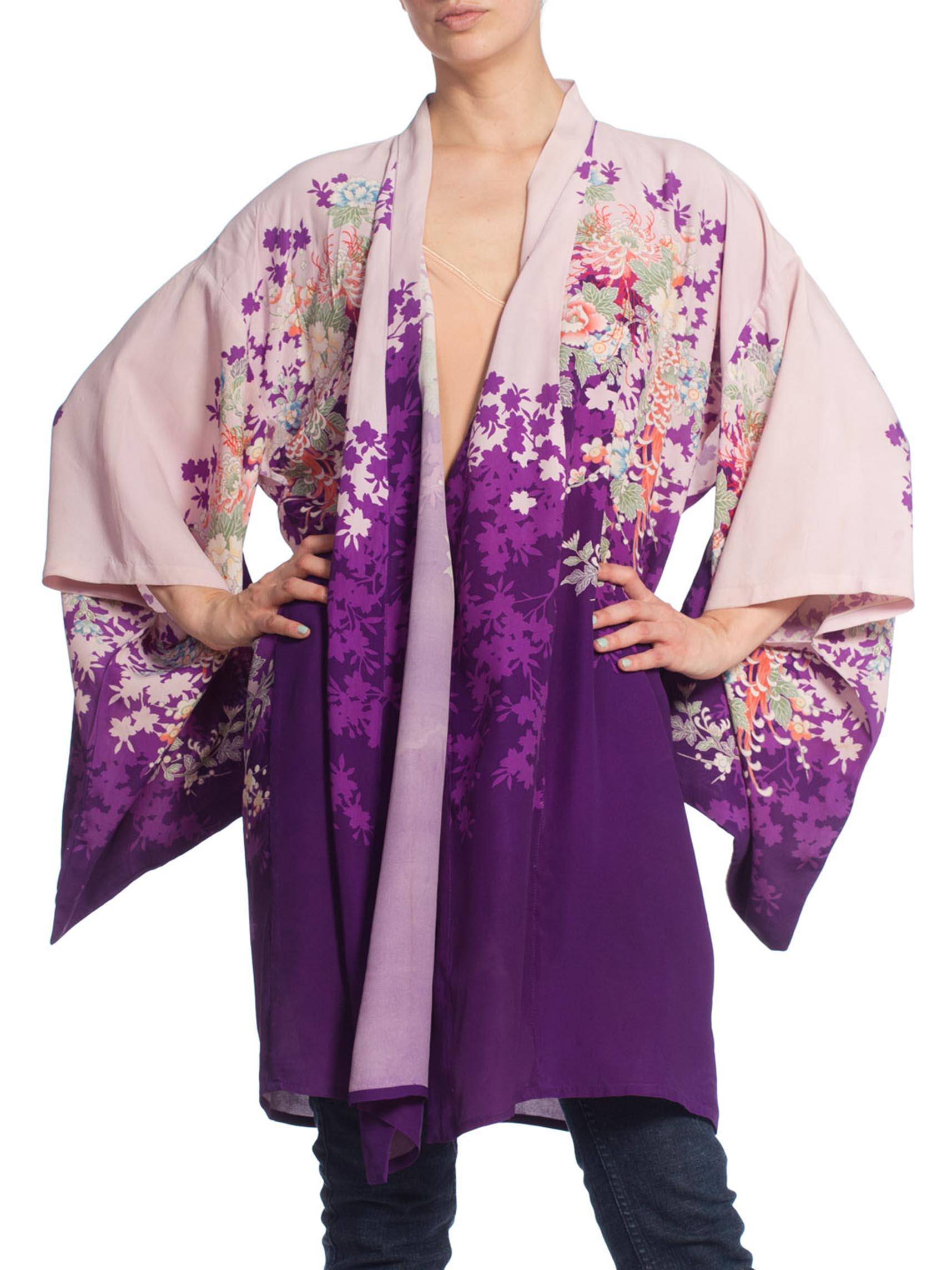 1950S Japanese Rayon Kimono In Purple With Flowers 1