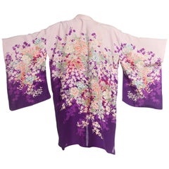 1950S Japanese Rayon Kimono In Purple With Flowers