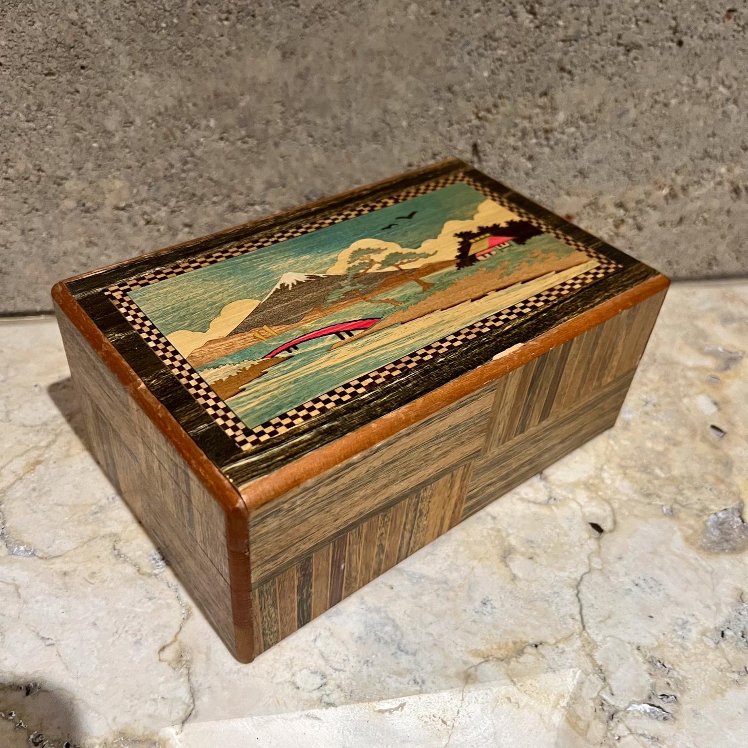 Mid-Century Modern 1950s Japanese Scenic Mountains Puzzle Box Wood Inlay