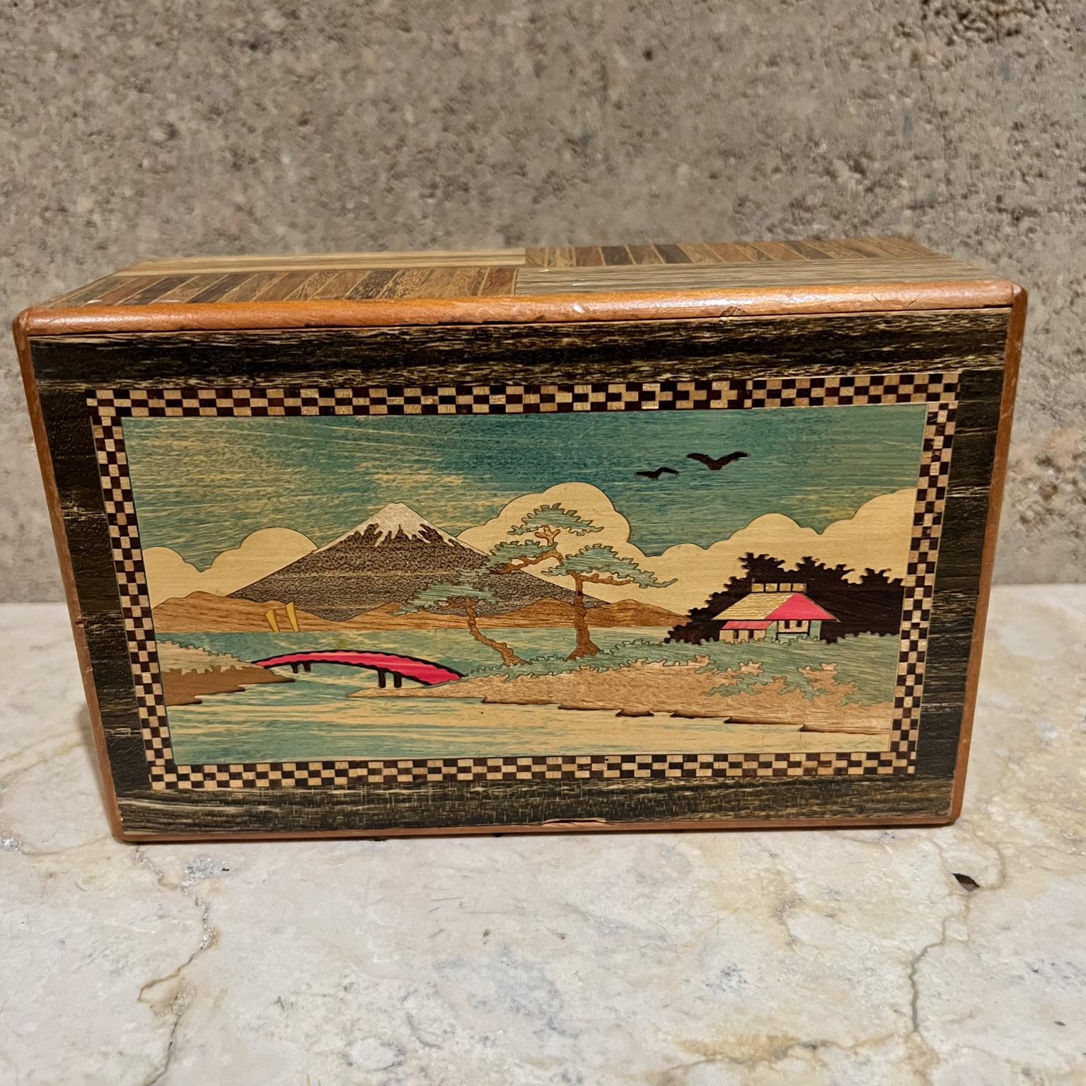 Mid-20th Century 1950s Japanese Scenic Mountains Puzzle Box Wood Inlay