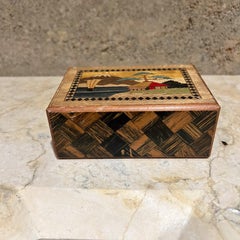 Mid-Century Modern Japanese Secret Puzzle Box Wood Inlay Mt Fuji Floral