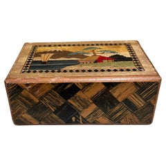 1950s Japonés Secreto Puzzle Caja Incrustación de madera Mt Fuji Floral