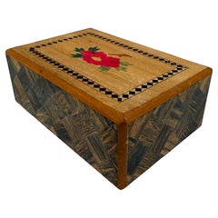 1950s Japanese Secret Puzzle Box Wood Inlay Mt Fuji Floral