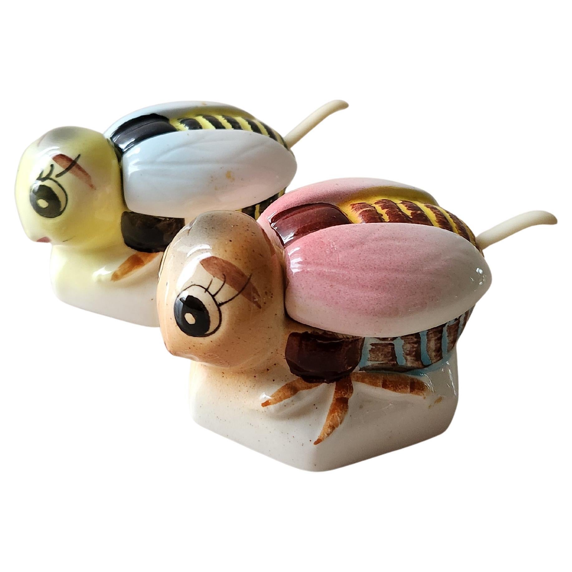 1950s Japanese Set Bumble Bee Honey Pots Hand Painted Condiment Jar For Sale