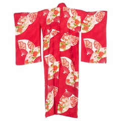 1950'S Cranberry Red Japanese Silk Fan Print Kimono