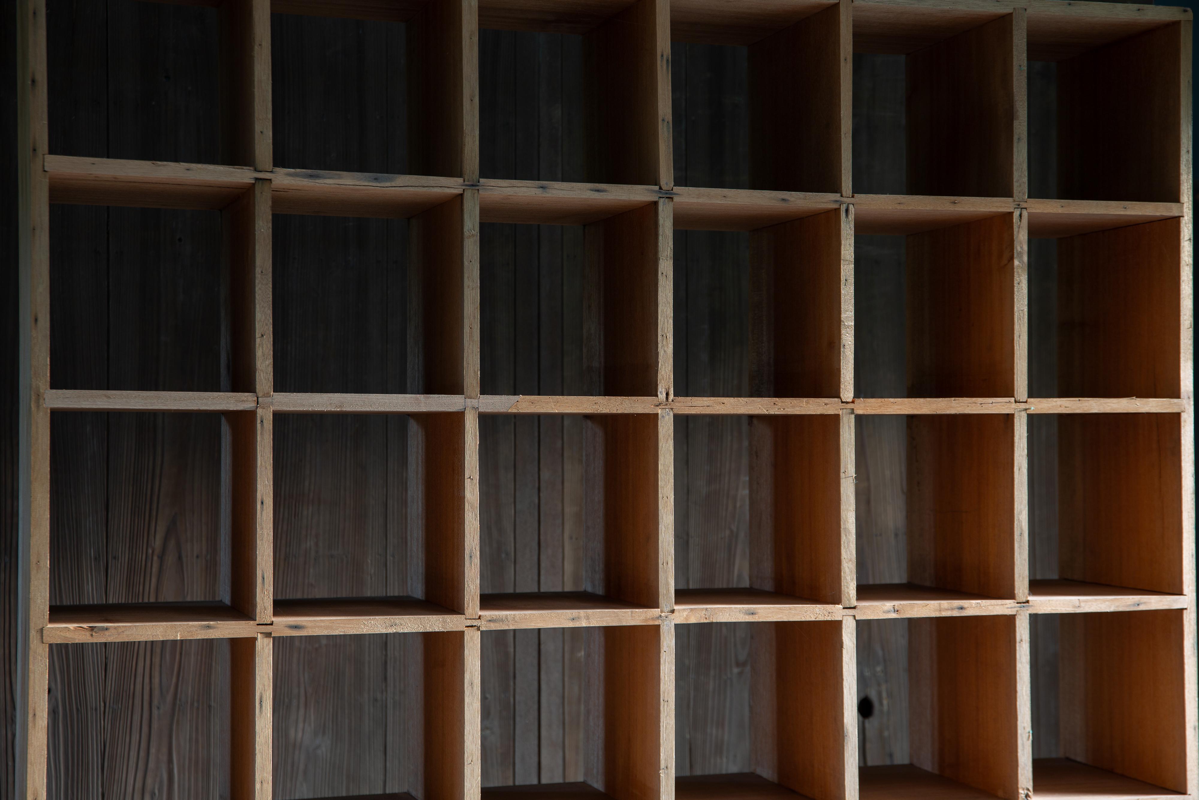 1950s Japanese vintage solid wood tall square open shelf unit wabi sabi japandi For Sale 4