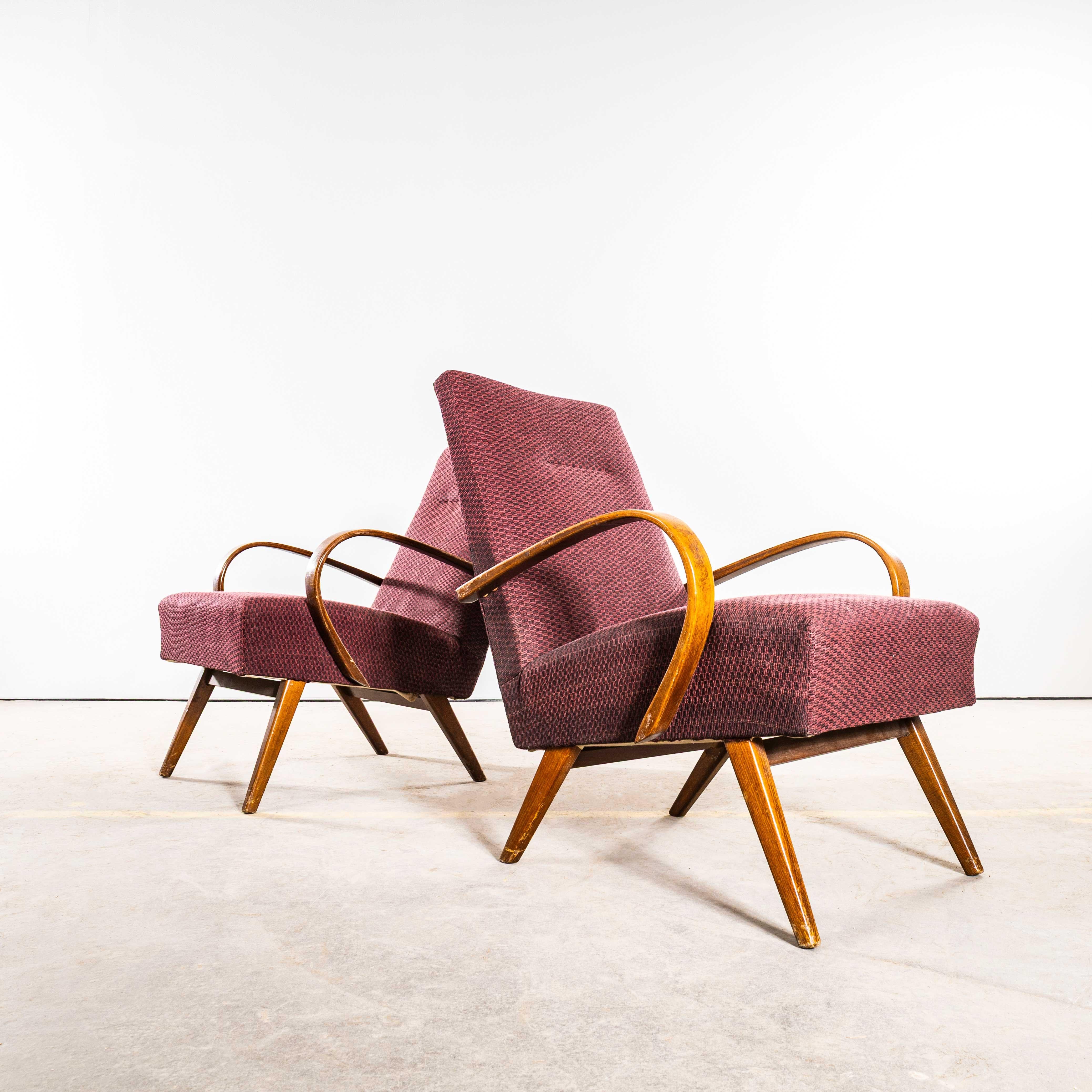1950’s Jaroslav Šmídek Original Armchairs In A Geometric Aubergine Jacquard – Sprung Seat. 
Sourced direct in the Czech republic this is one of Šmídek’s most elegant designs. We carefully select very original armchairs ensuring the fabrics and