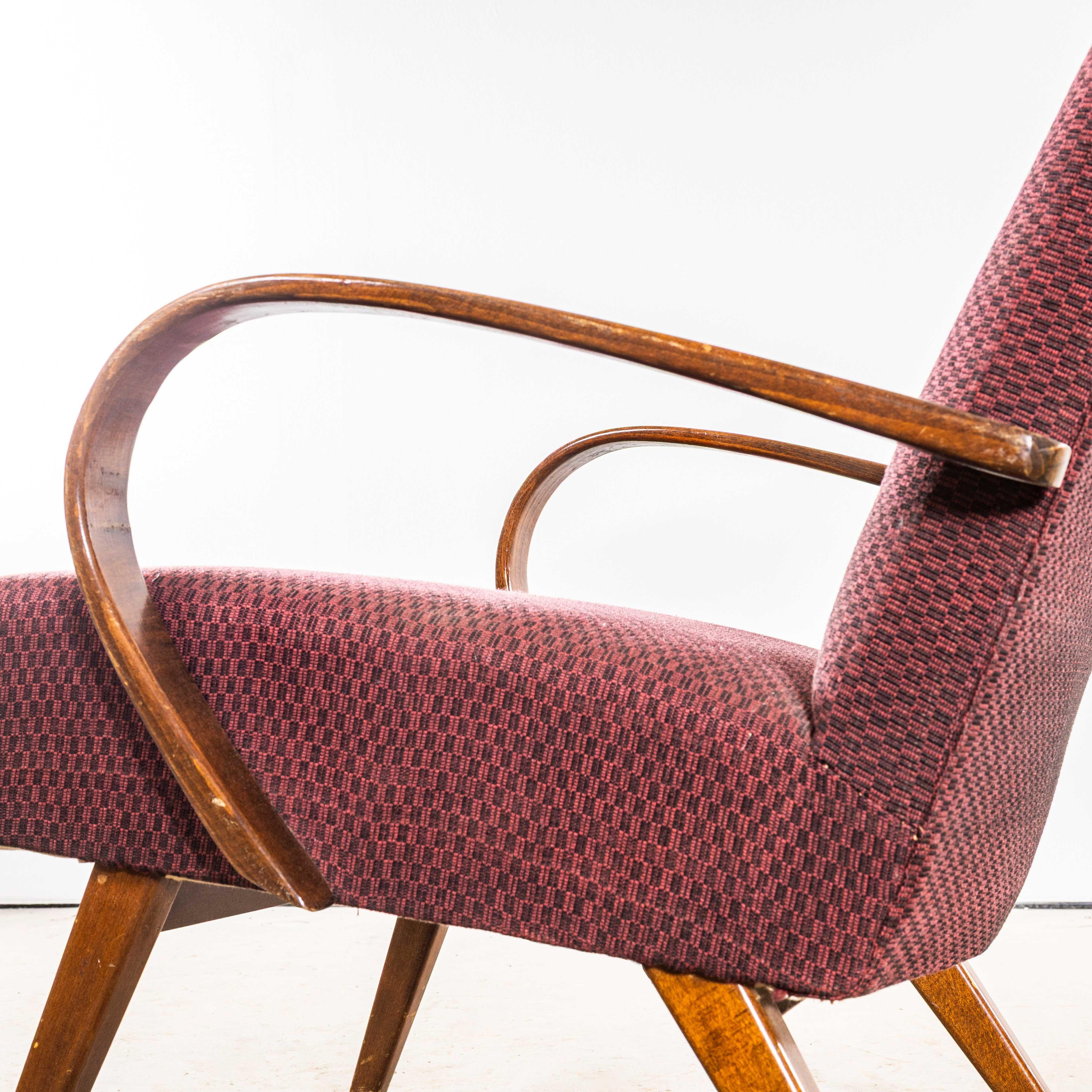 Czech 1950’s Jaroslav Šmídek Original Armchairs In A Geometric Aubergine Jacquard - Sp For Sale