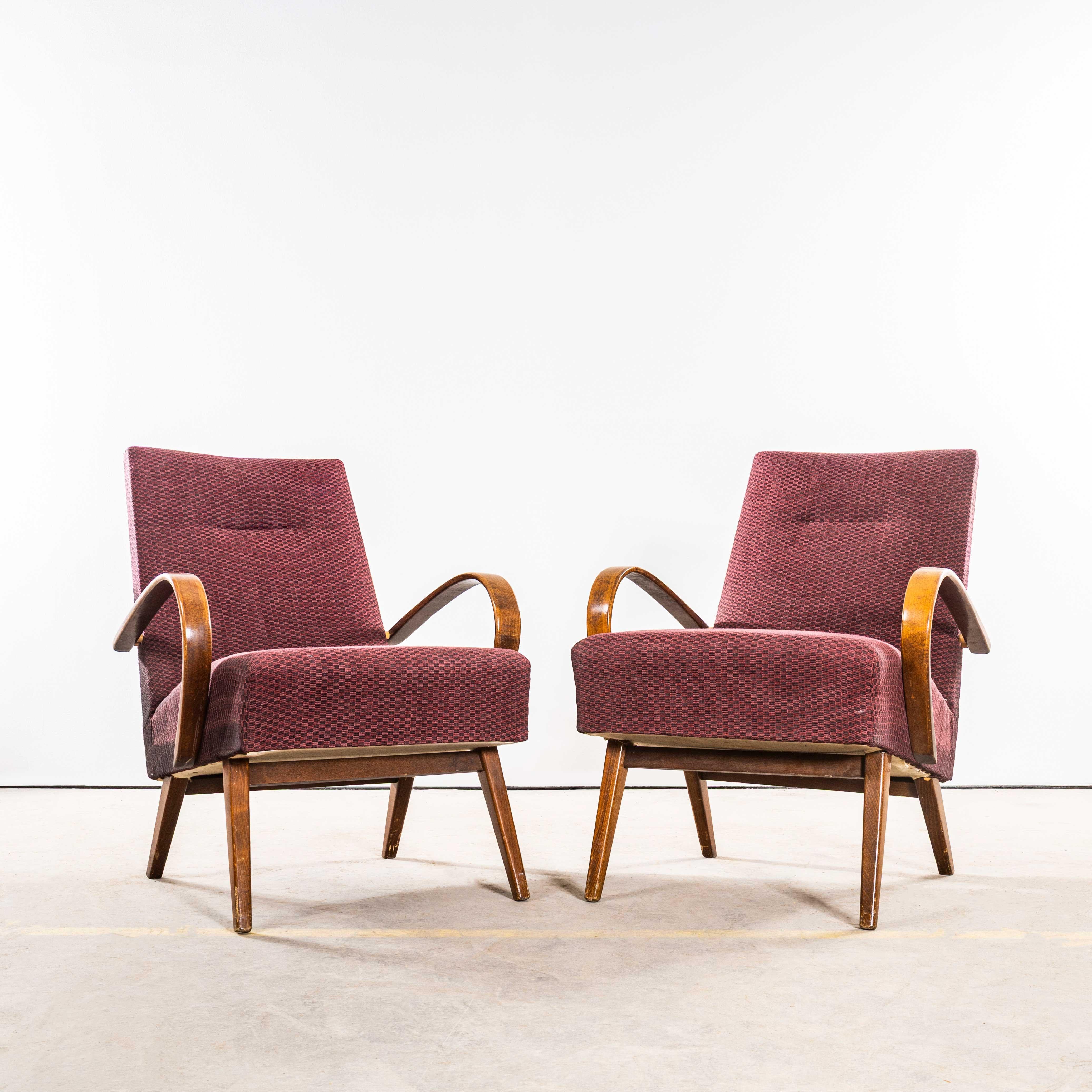 1950’s Jaroslav Šmídek Original Armchairs In A Geometric Aubergine Jacquard - Sp In Good Condition For Sale In Hook, Hampshire