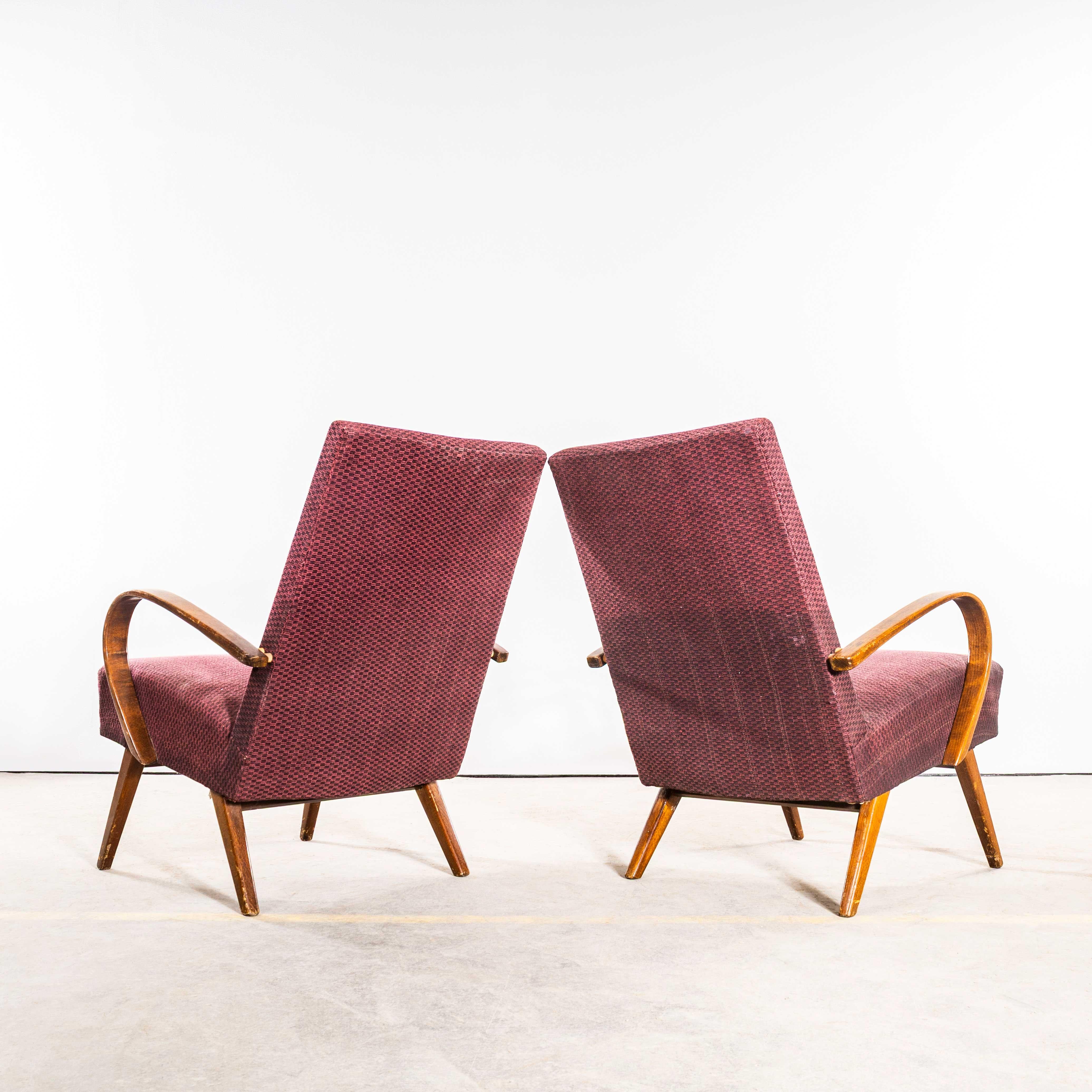1950’s Jaroslav Šmídek Original Armchairs In A Geometric Aubergine Jacquard - Sp For Sale 1