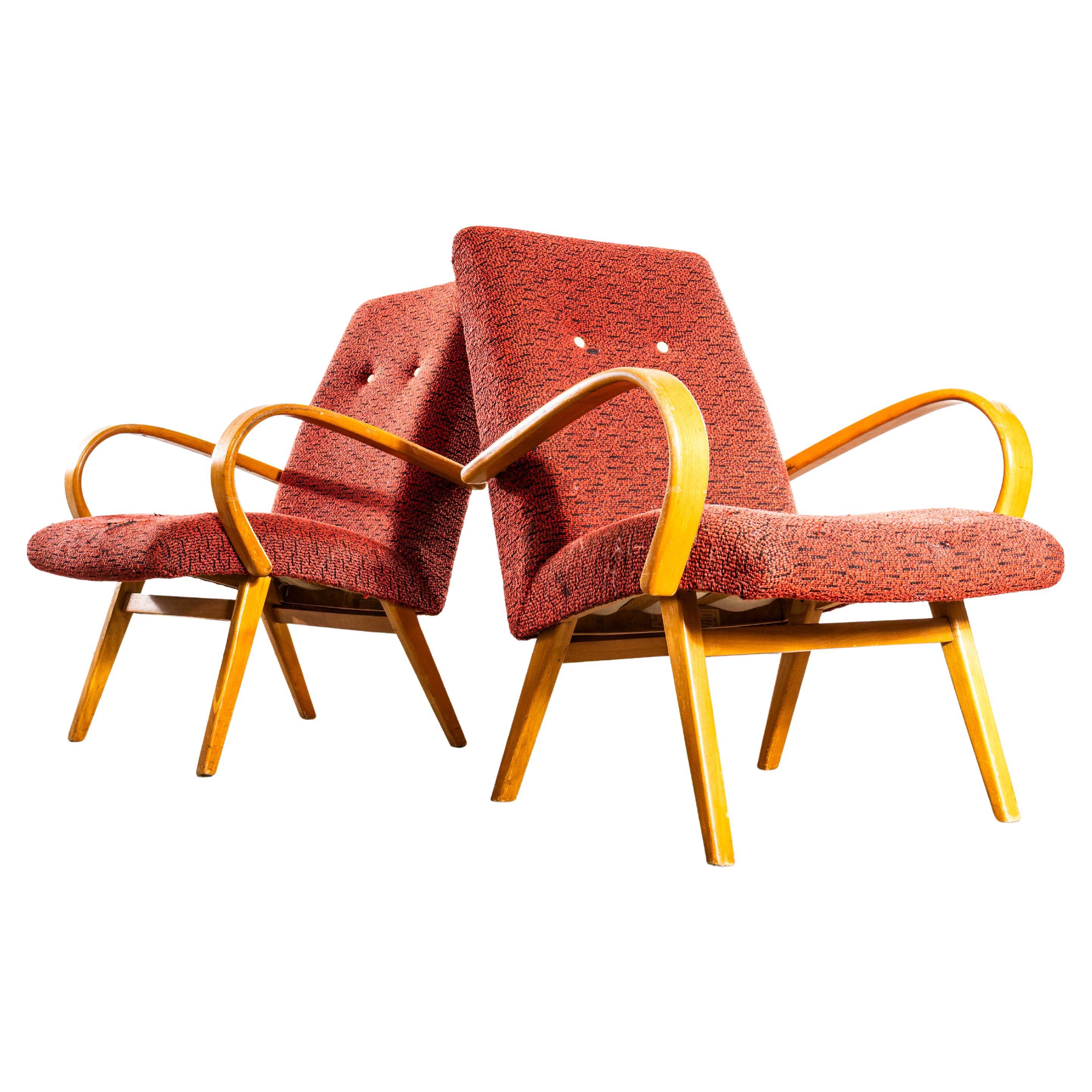 1950er Jahre Jaroslav Šmídek Original Sessel mit getuftetem orangem Jacquard - Standard im Angebot
