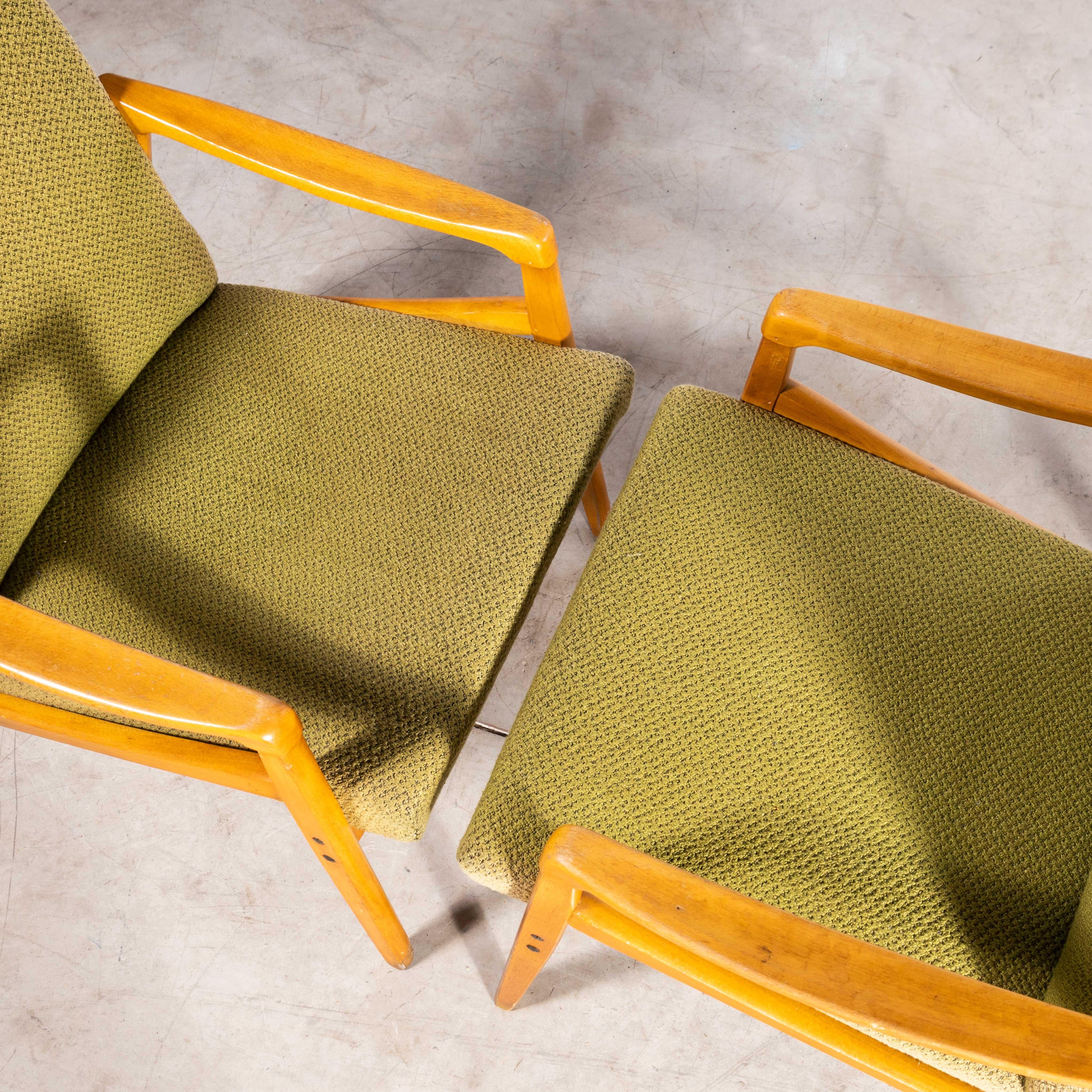 Upholstery 1950s Jaroslav Smidek Original Armchairs, Pair in Lime Green For Sale