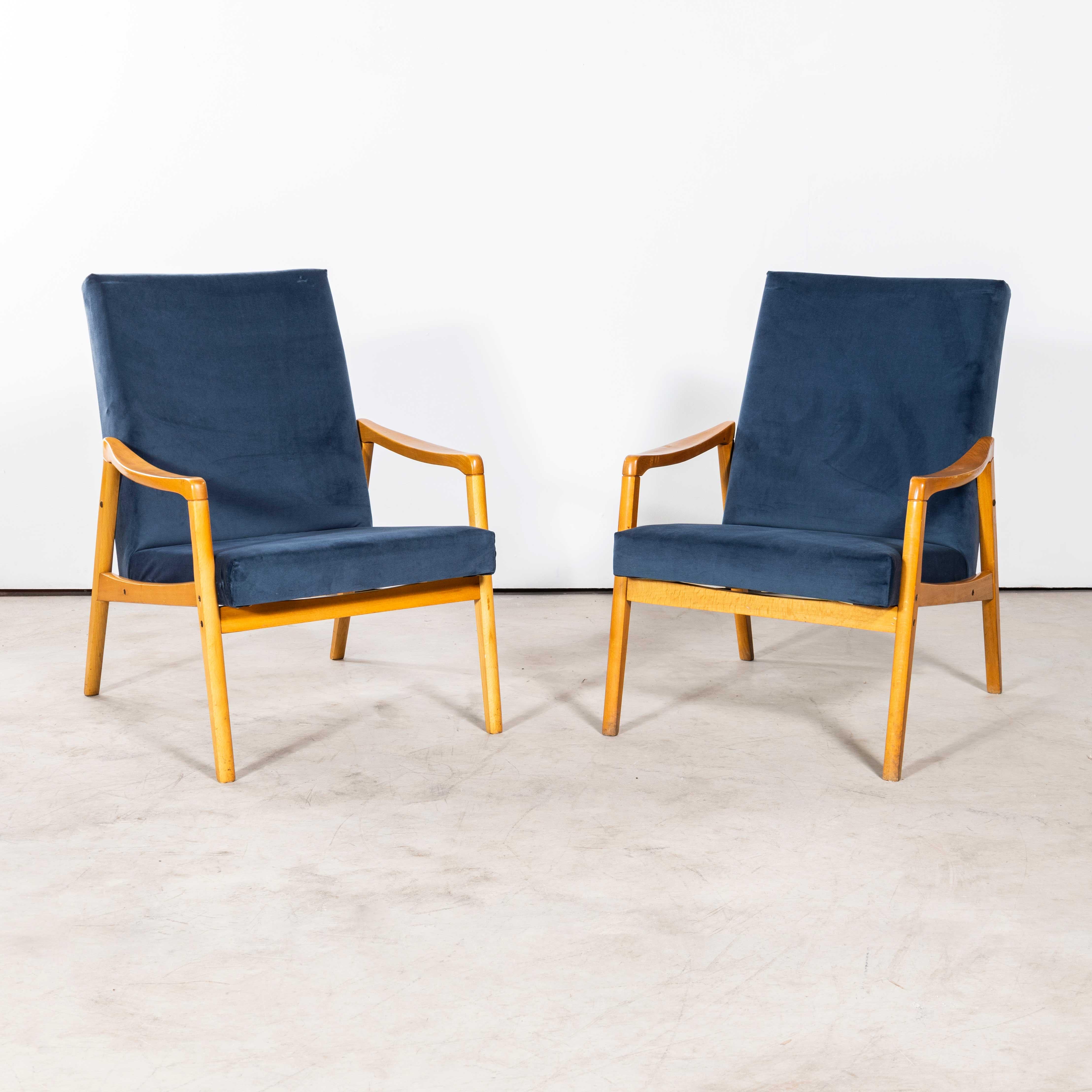 1950's Jaroslav Smidek Original Re-Upholstered Armchairs - Pair In Teal Blue For Sale 7