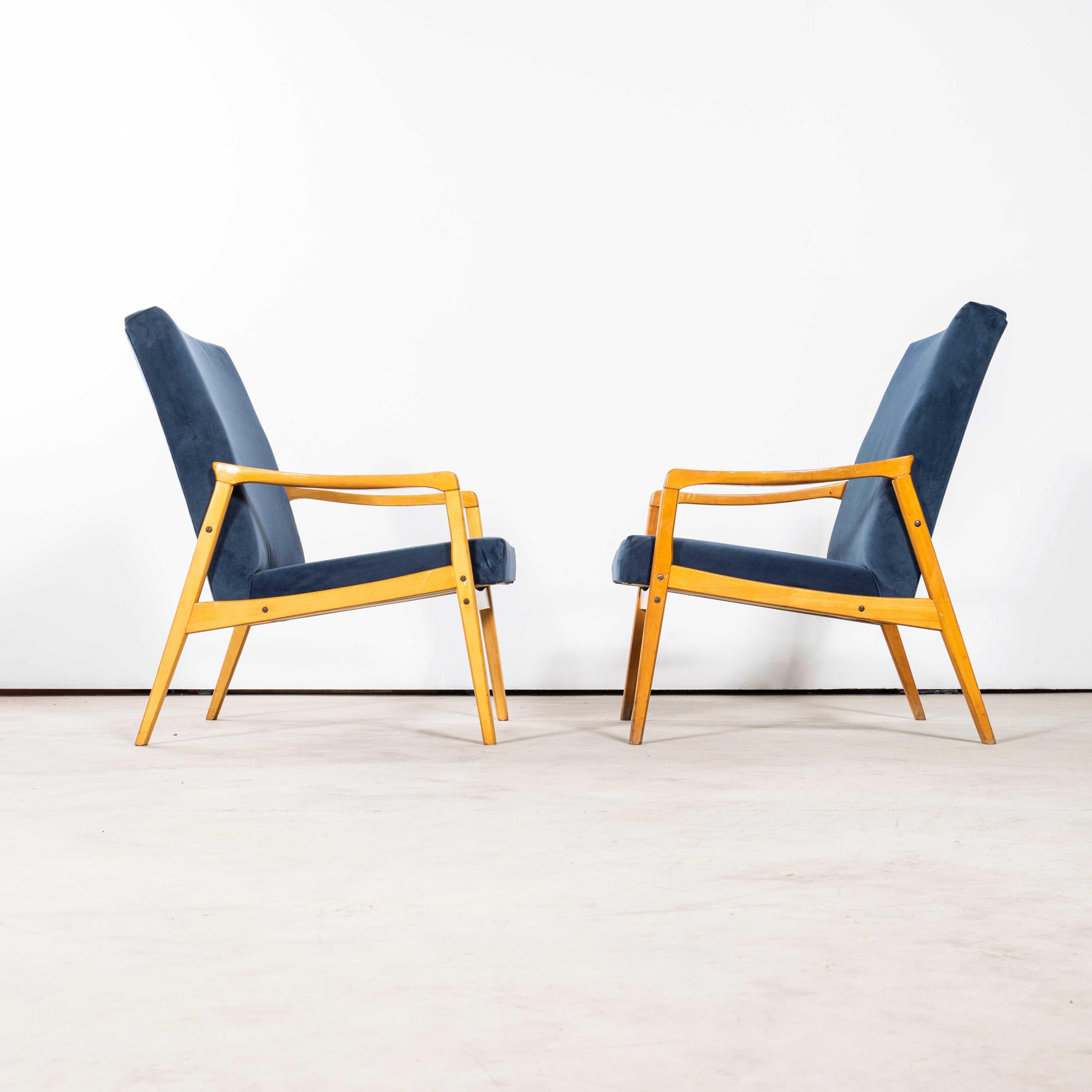 Beech 1950's Jaroslav Smidek Original Re-Upholstered Armchairs - Pair In Teal Blue For Sale