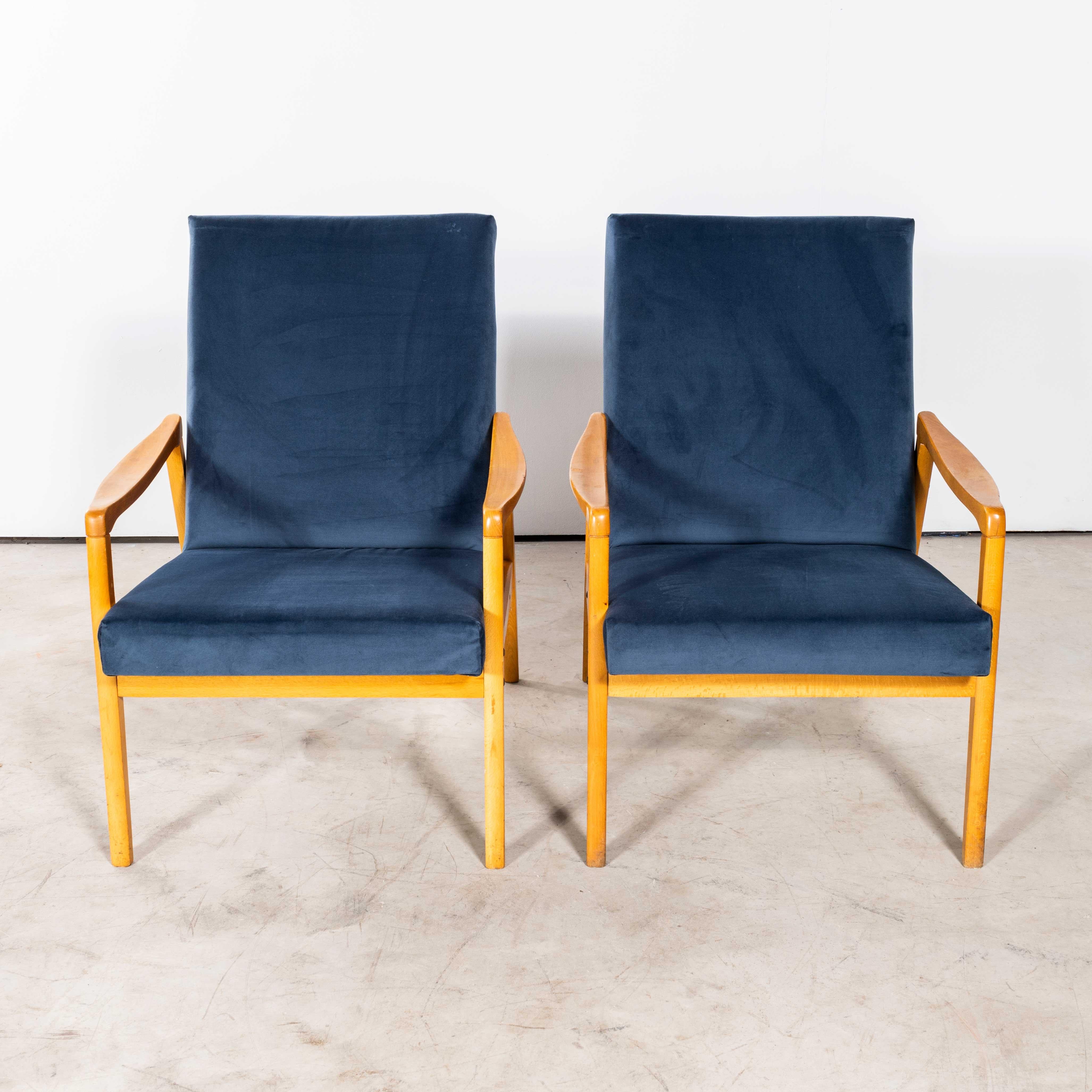 1950's Jaroslav Smidek Original Re-Upholstered Armchairs - Pair In Teal Blue For Sale 3