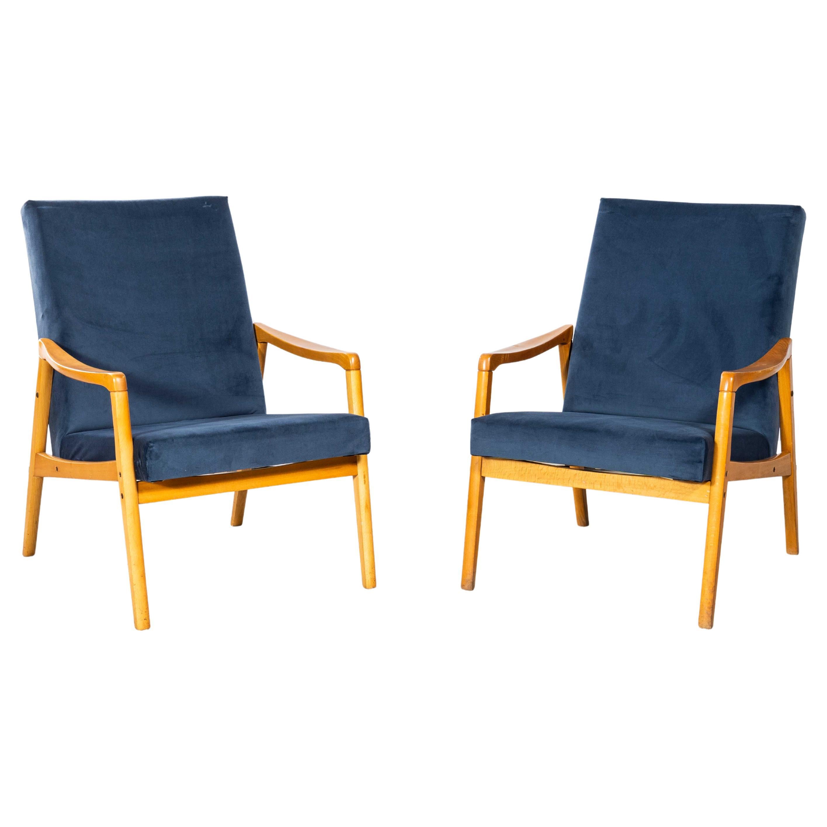1950's Jaroslav Smidek Original Re-Upholstered Armchairs - Pair In Teal Blue For Sale