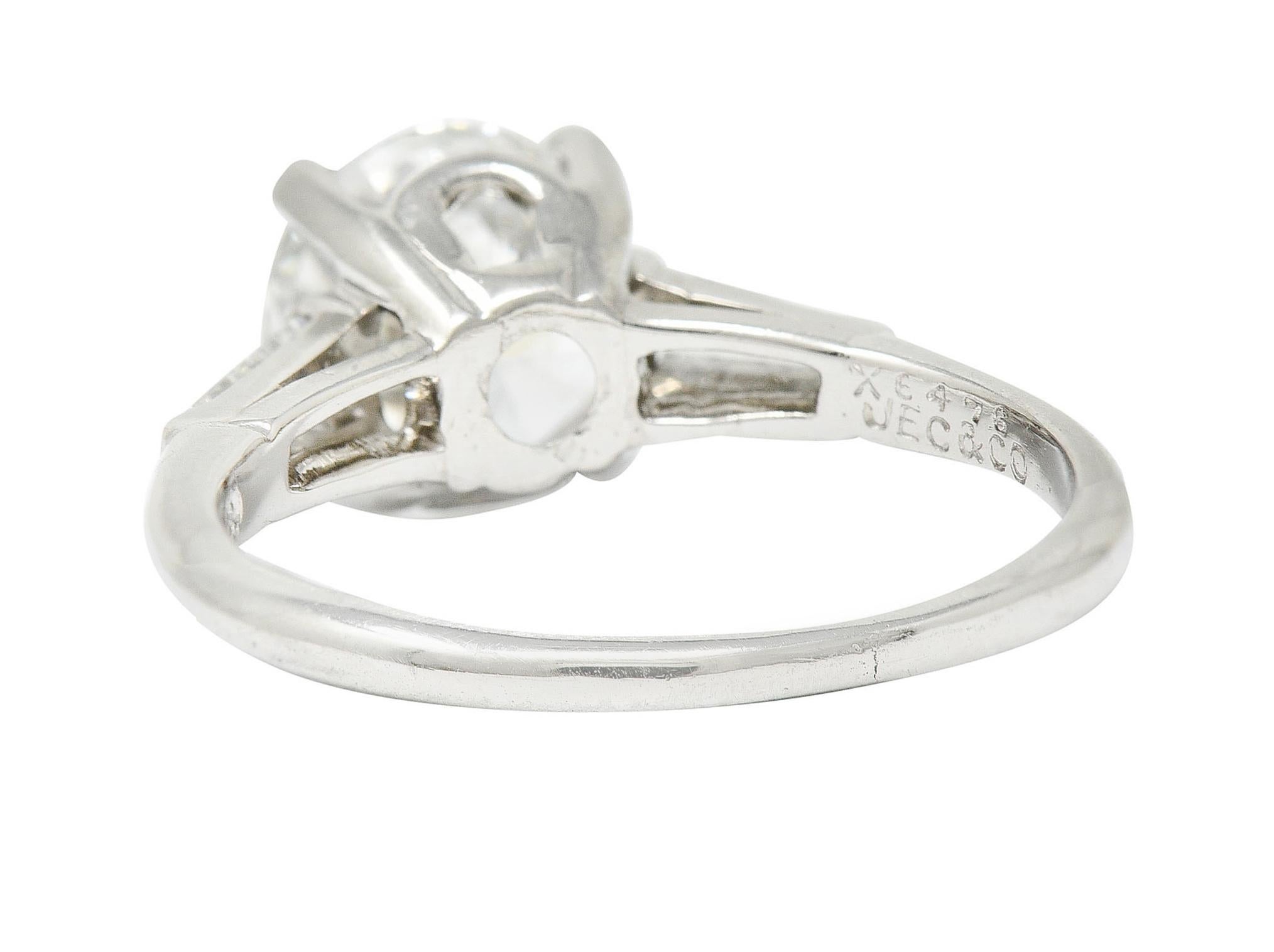 Brilliant Cut 1950's J.E. Caldwell 1.81 Carats Diamond Platinum Three Stone Engagement Ring