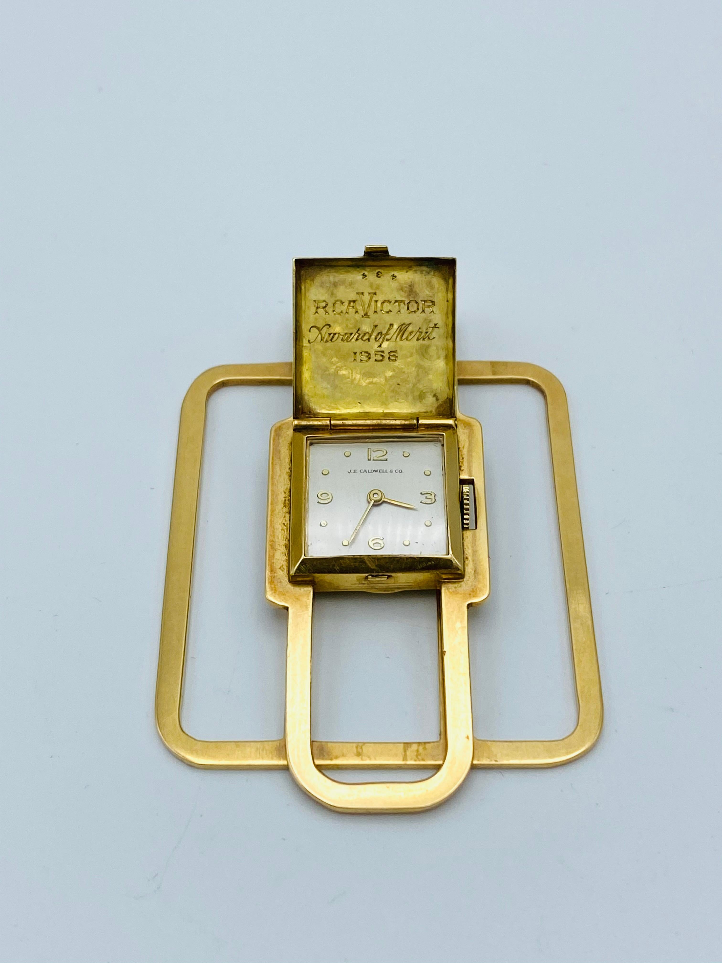 1950er Jahre J.E. Caldwell & Co. 14K Gelbgold & Emaille Geld-Clip- und Uhr für Damen oder Herren im Angebot