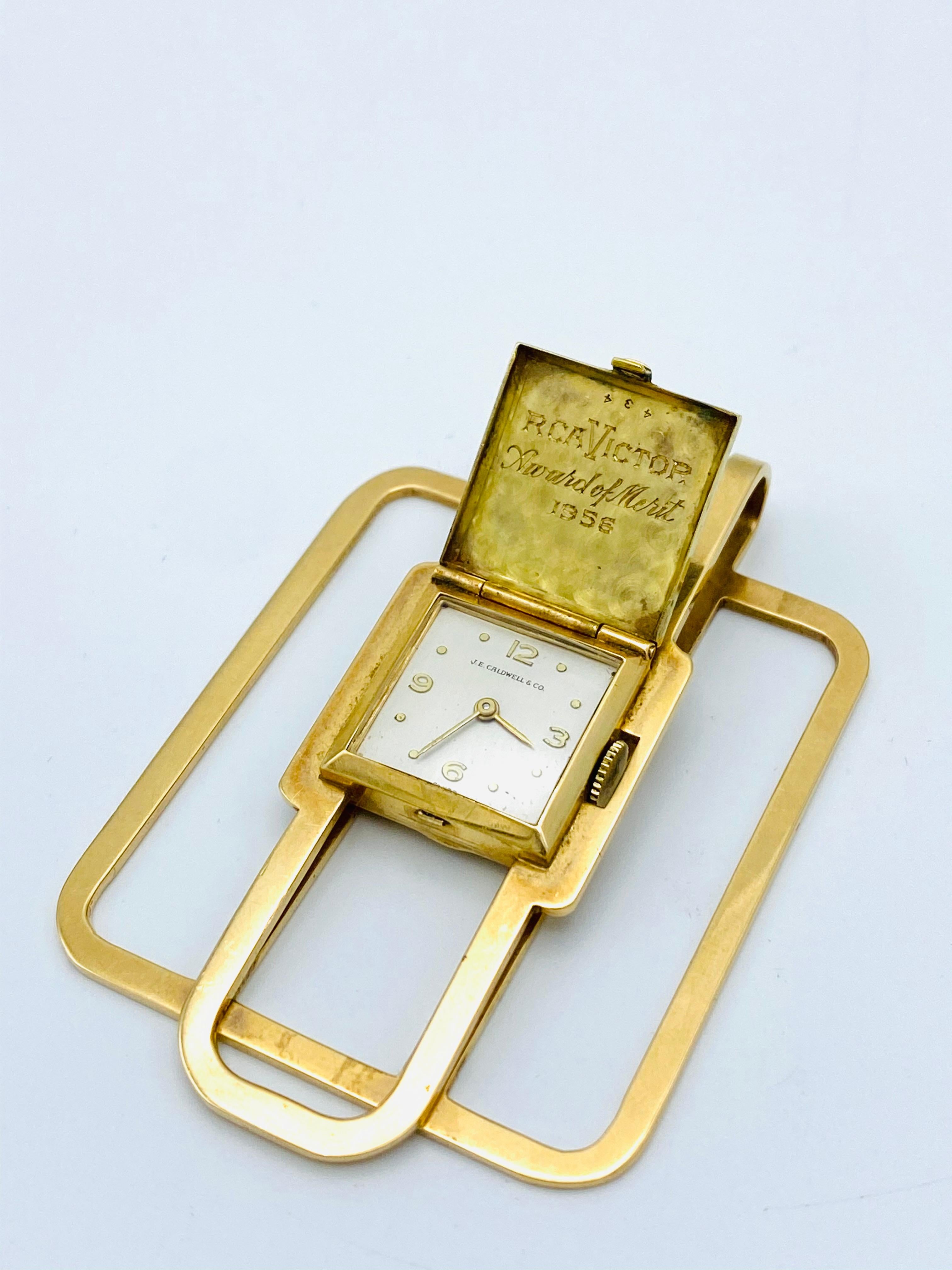 1950er Jahre J.E. Caldwell & Co. 14K Gelbgold & Emaille Geld-Clip- und Uhr im Angebot 1