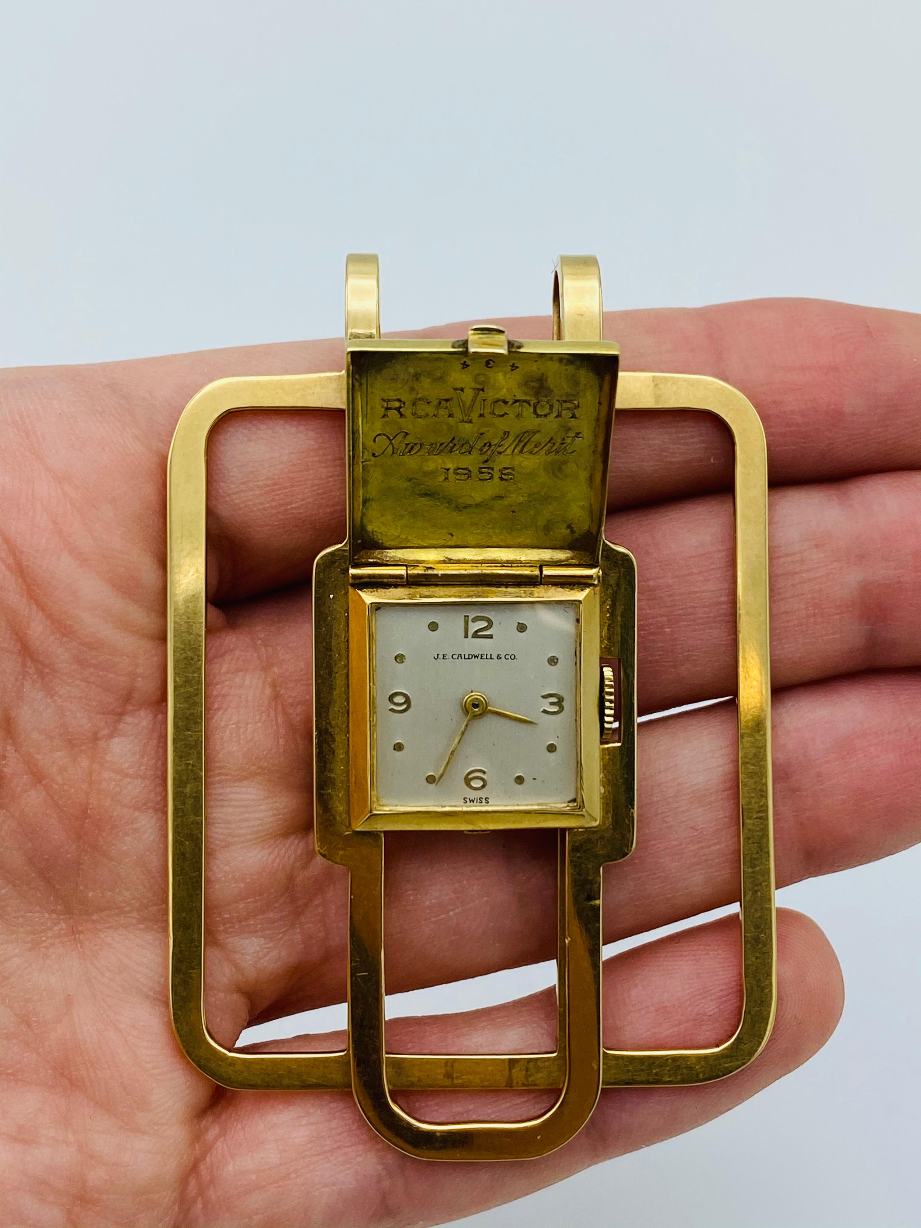 1950s J.E. Caldwell & Co. 14K Yellow Gold & Enamel Money Clip and Watch In Excellent Condition For Sale In Beverly Hills, CA
