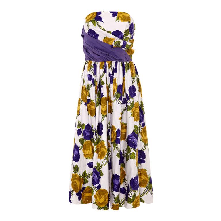 1950s Jean Allen Purple and Yellow Rose Print Strapless Cotton Dress