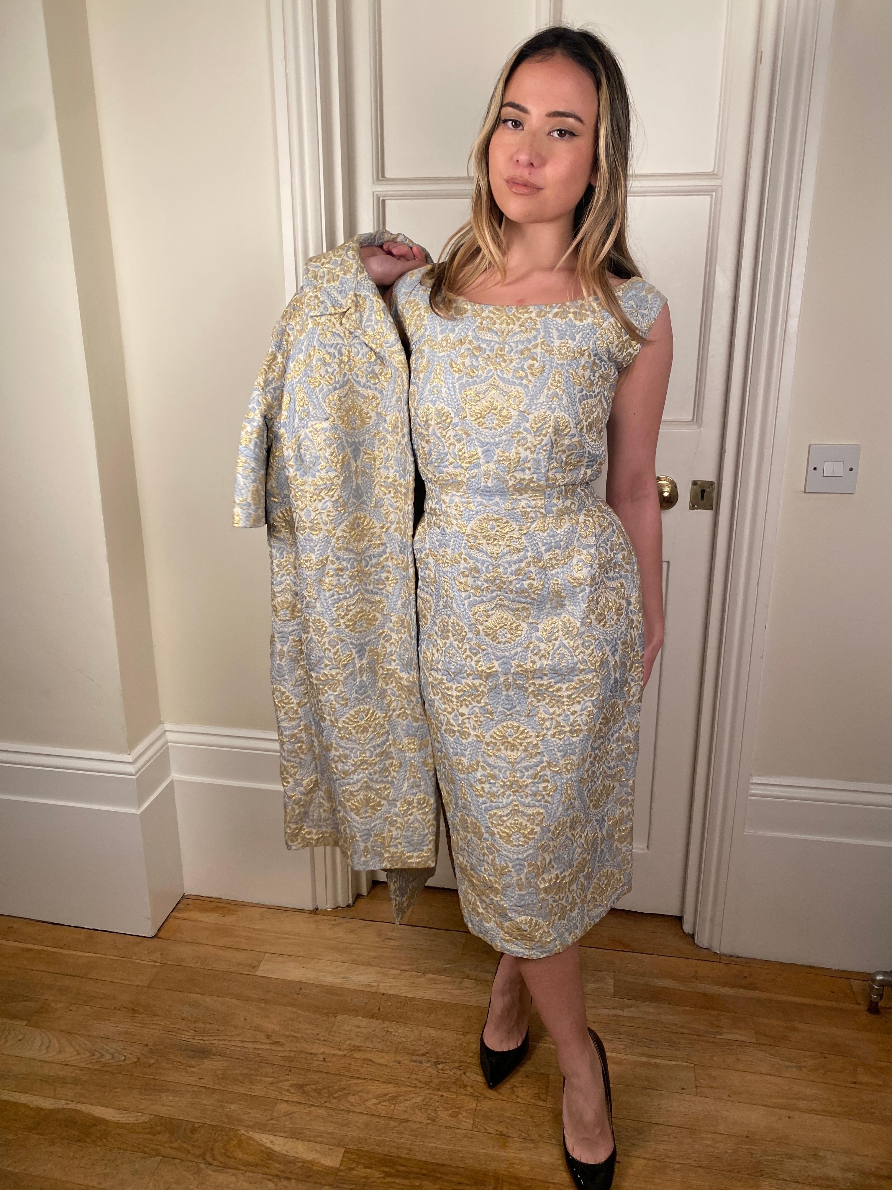 1950s Jean Desses Blue and Gold Brocade Dress Suit 2