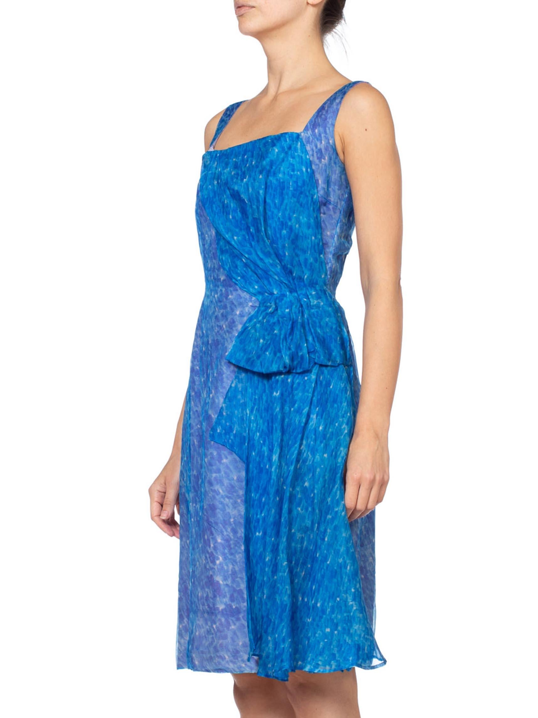 1950S JEAN THIVET Blue Silk Organza Dress With Draped Sash & Flounce 2