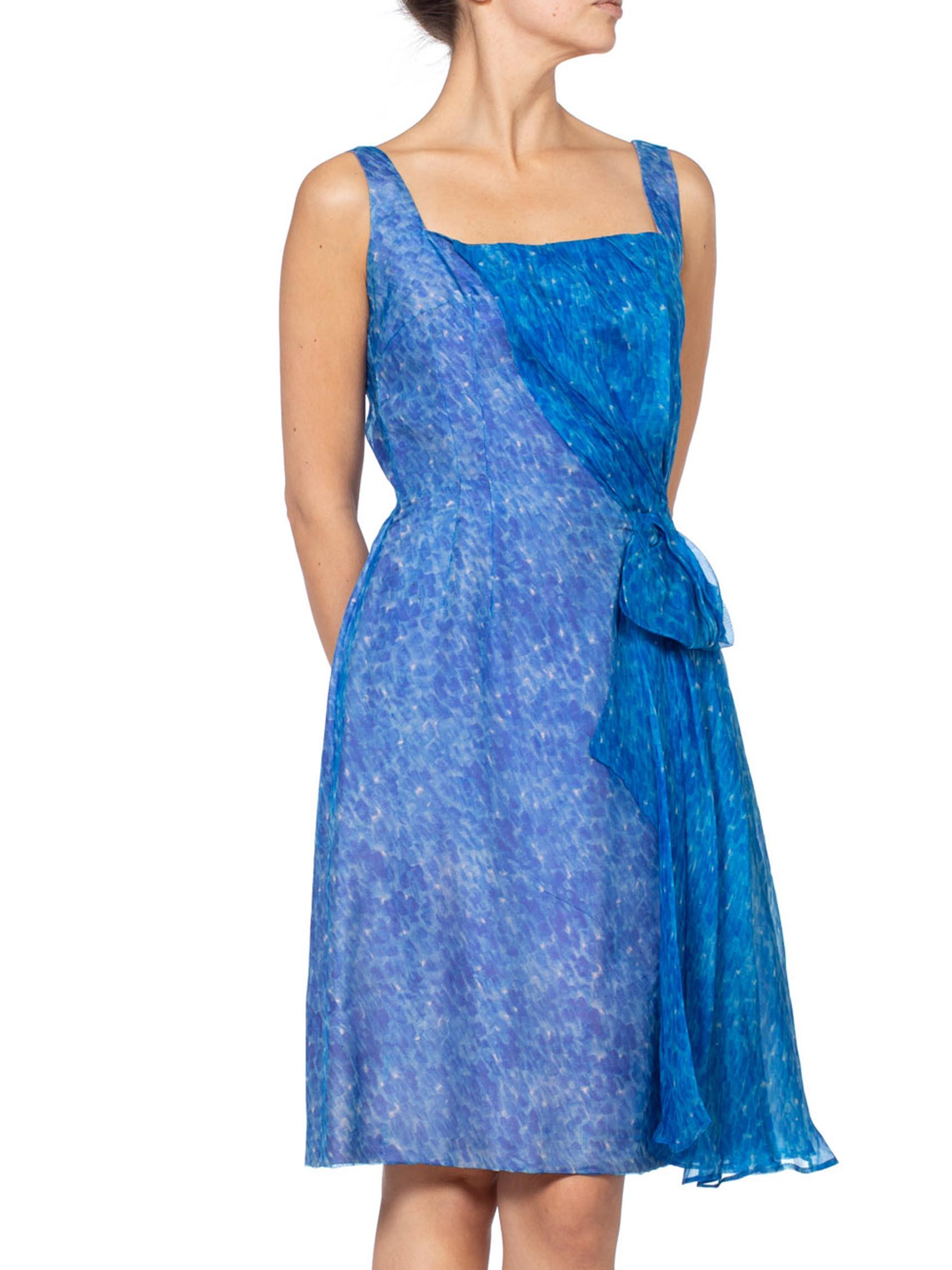 1950S JEAN THIVET Blue Silk Organza Dress With Draped Sash & Flounce 3