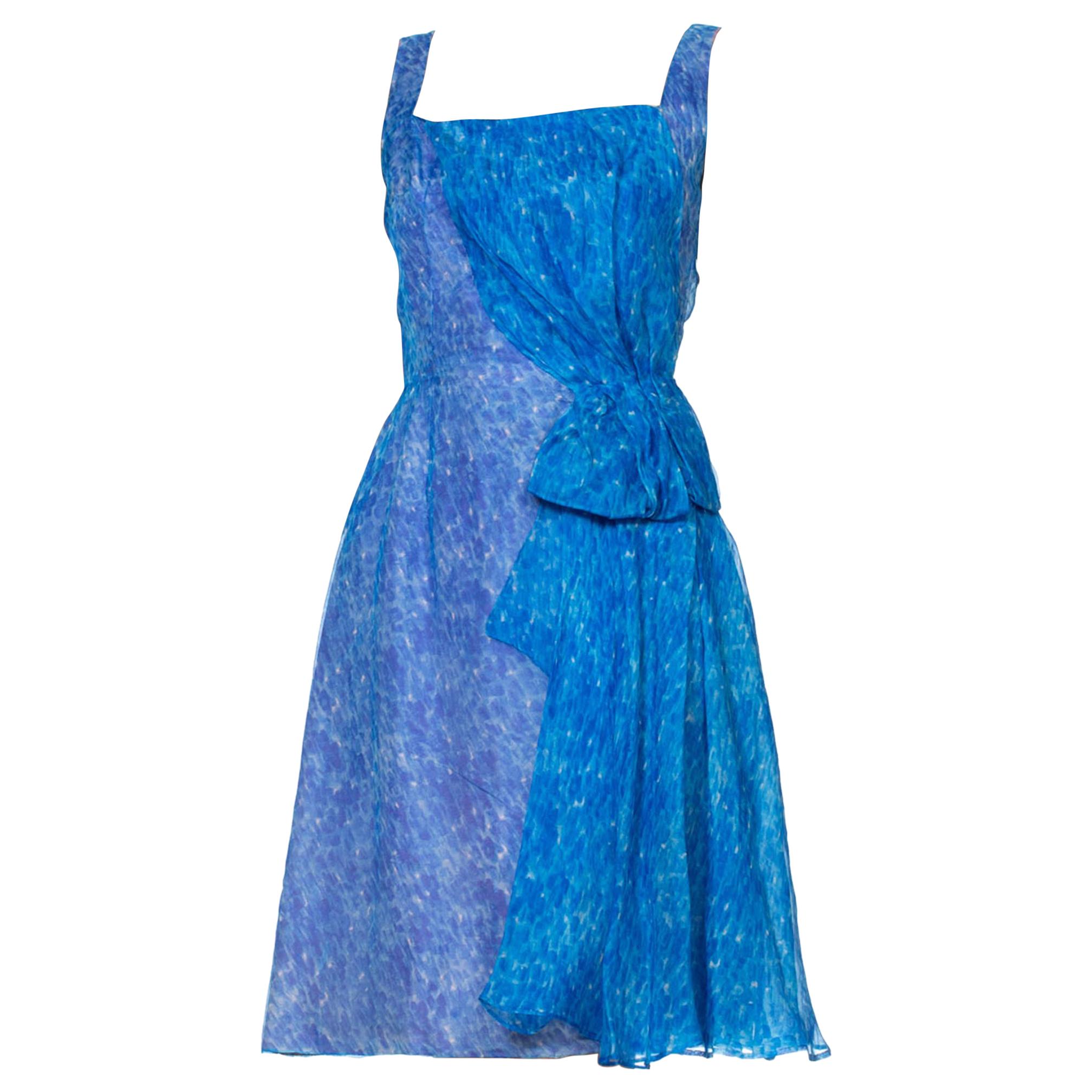 1950S JEAN THIVET Blue Silk Organza Dress With Draped Sash & Flounce