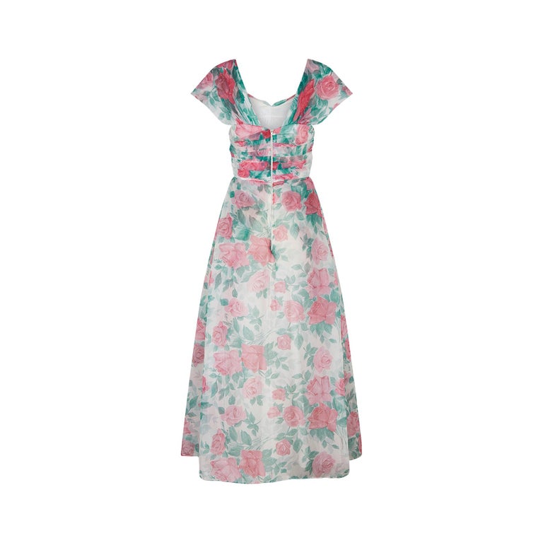 1950s Jenners Rose Print Organza Maxi Dress For Sale at 1stDibs