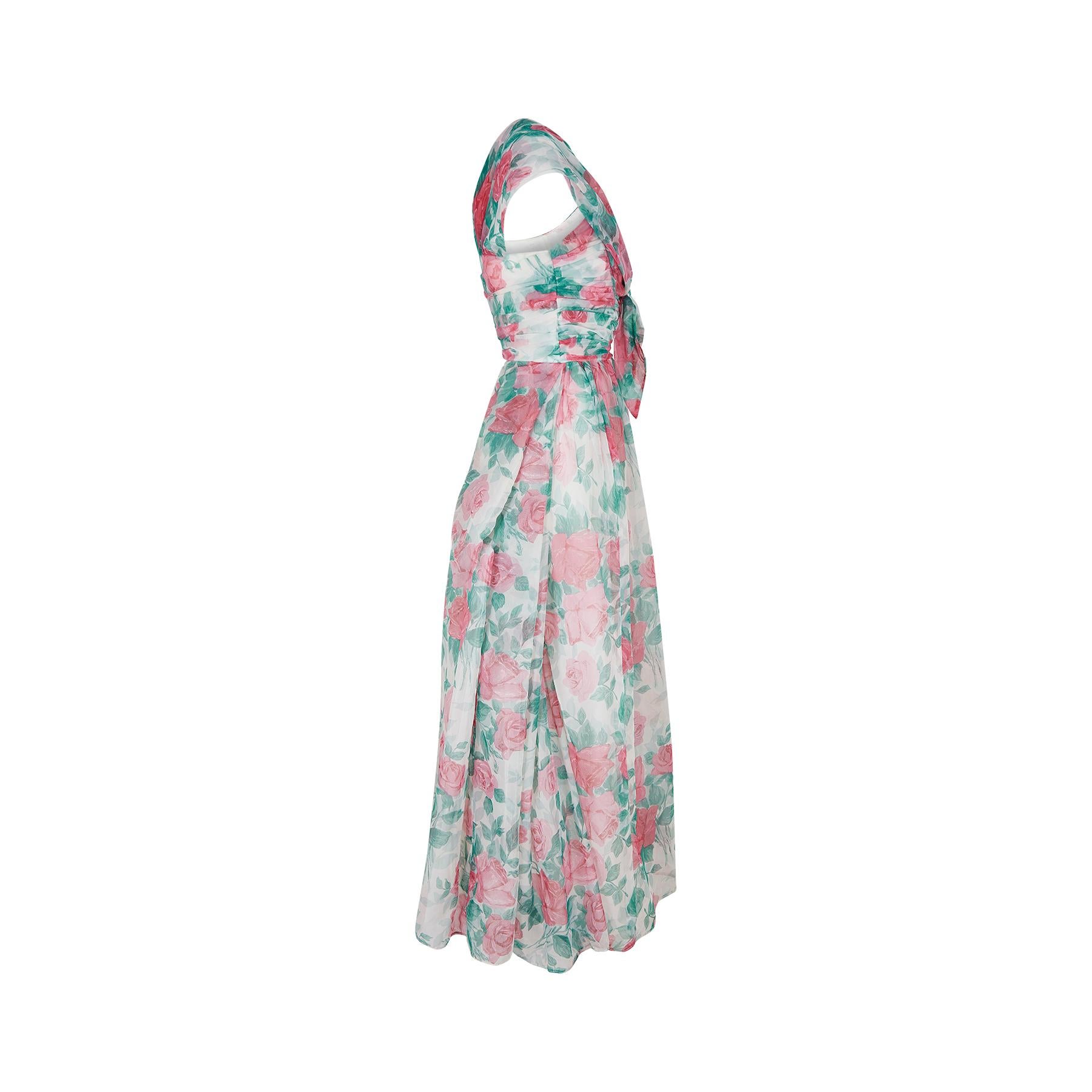 Gray 1950s Jenners Rose Print Organza Maxi Dress For Sale