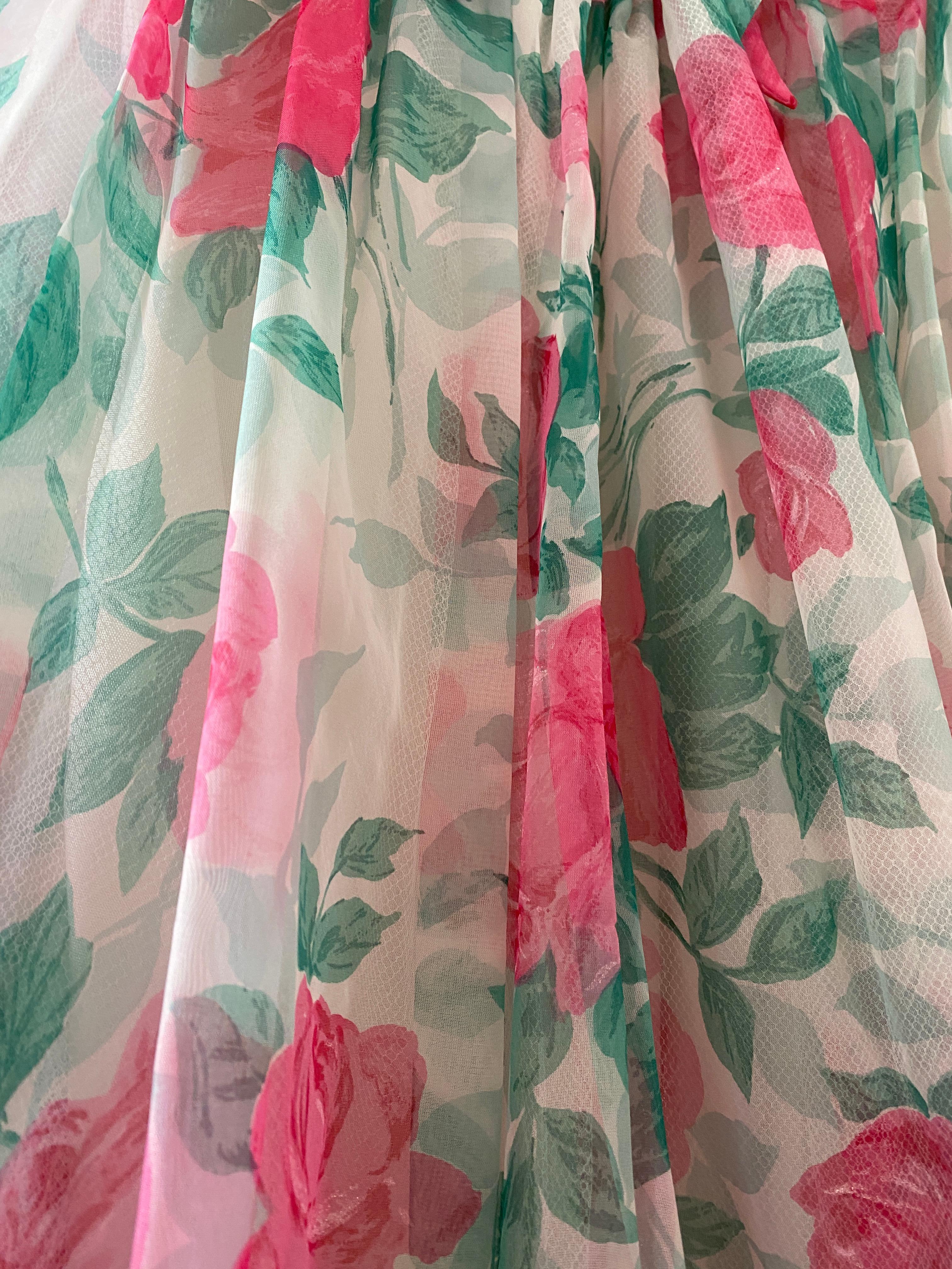 1950s Jenners Rose Print Organza Maxi Dress In Excellent Condition For Sale In London, GB