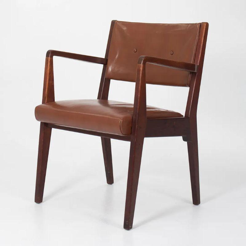 1950s Jens Risom C-106 Walnut Arm Chair in Original Brown Leather 3x Available In Good Condition For Sale In Philadelphia, PA